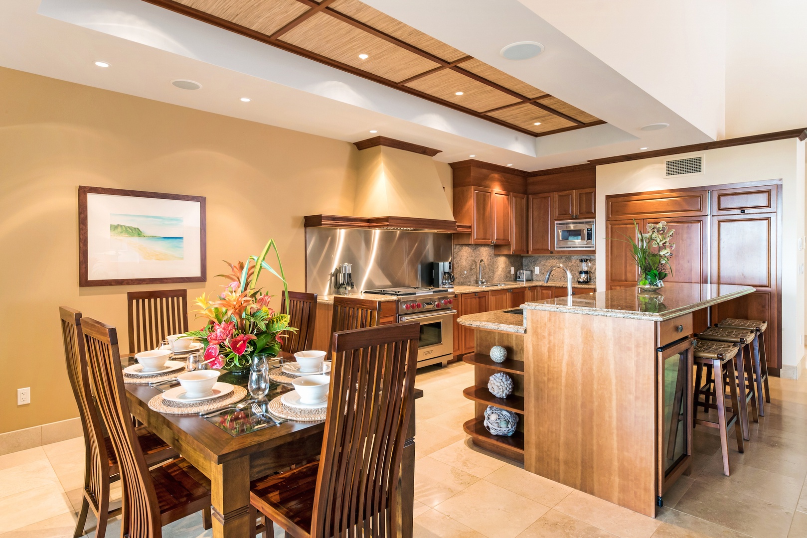 Kamuela Vacation Rentals, 3BD OneOcean (1C) at Mauna Lani Resort - Dining for Six Plus Granite Bar & Seating Between Kitchen and Living Room