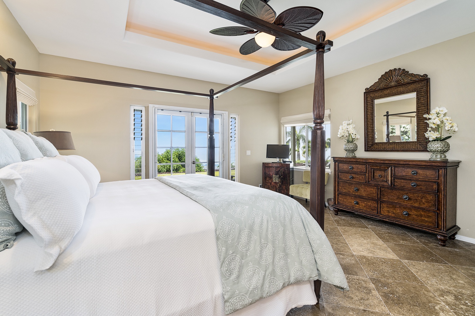 Kailua Kona Vacation Rentals, Sunset Hale - Enjoy soft linens, natural light, and A/C comfort in this peaceful primary bedroom with island flair.