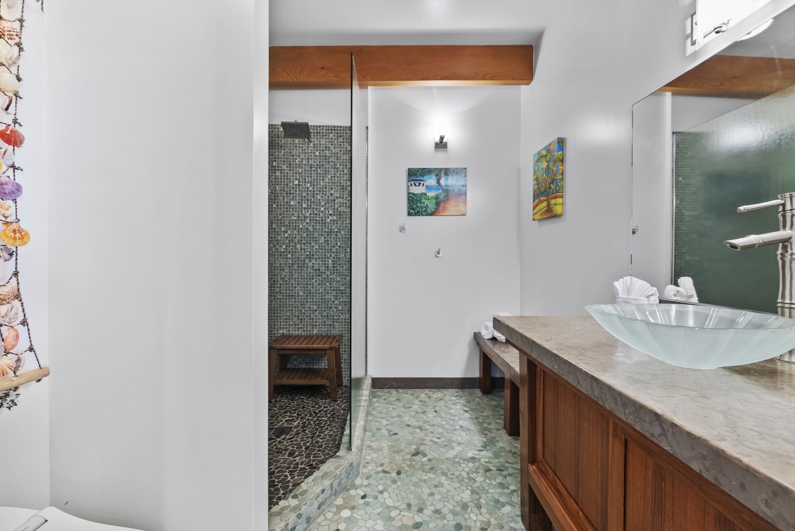 Haleiwa Vacation Rentals, Samurai House - Modern bathroom with a glass walk-in shower and sleek finishes.