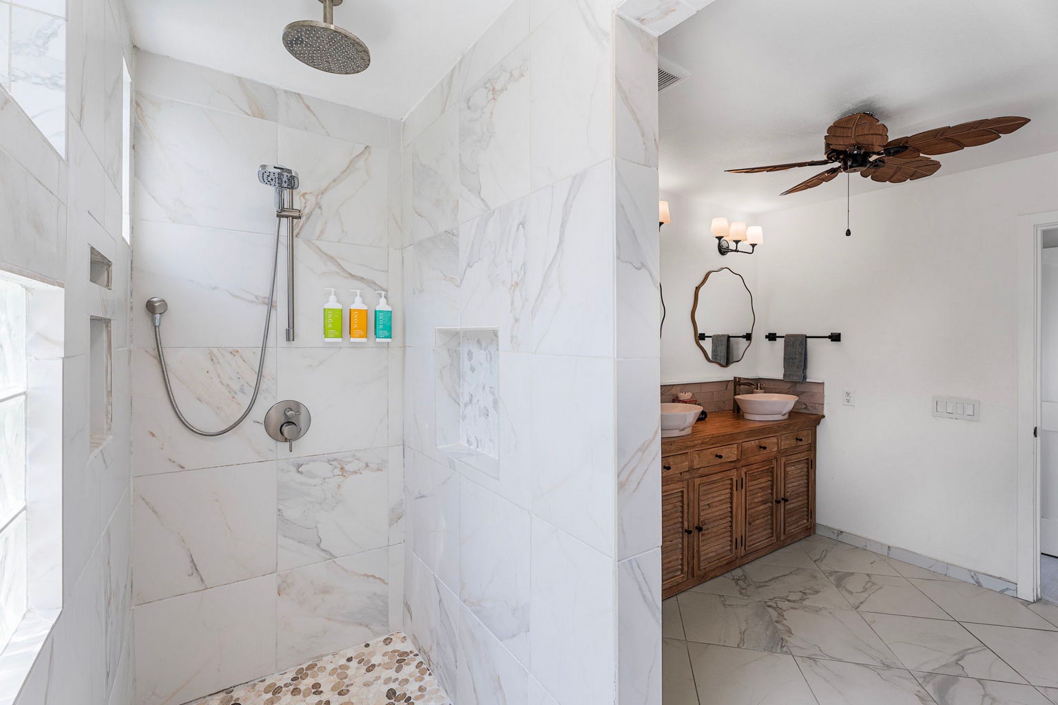 Kailua Kona Vacation Rentals, Manukai Hale - Step into the marble walk-in shower the primary suite was built around.