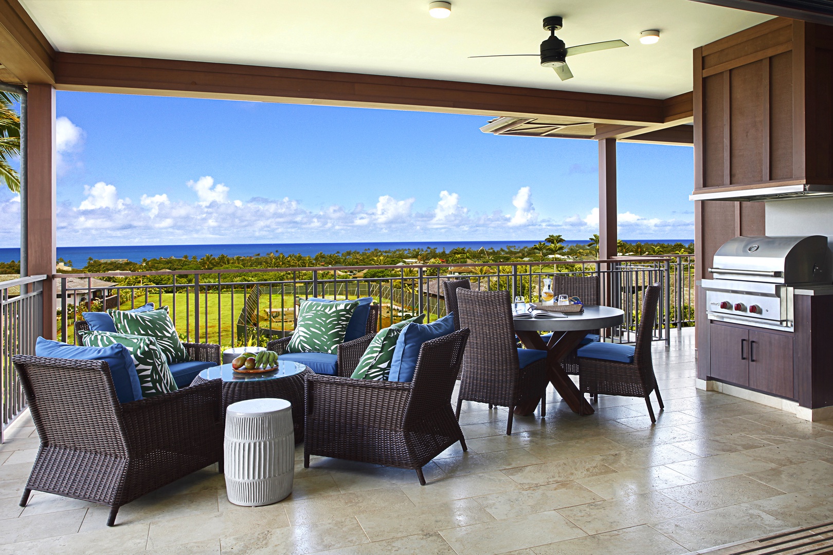 Koloa Vacation Rentals, Kainani Villa #8 - Lanai seating with outdoor dining and gas BBQ