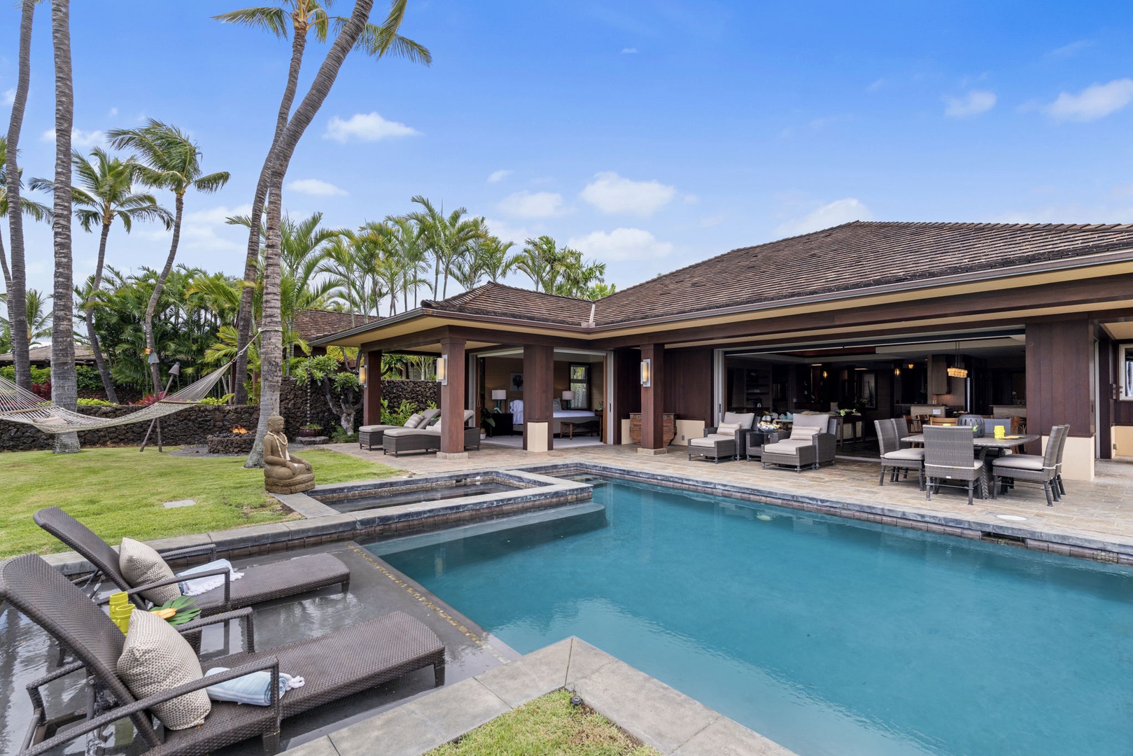 Kailua Kona Vacation Rentals, 3BD Pakui Street Estate (149) at Hualalai Resort - Sway in the hammock, the pool and the open lanai just across the lawn.