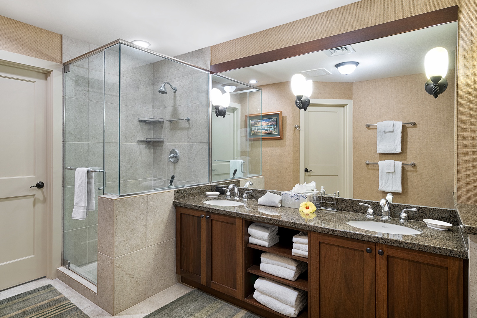 Waikoloa Vacation Rentals, Hali'i Kai at Waikoloa Beach Resort 9F - Dual vanities and walk-in shower featured in the Primary Bath!