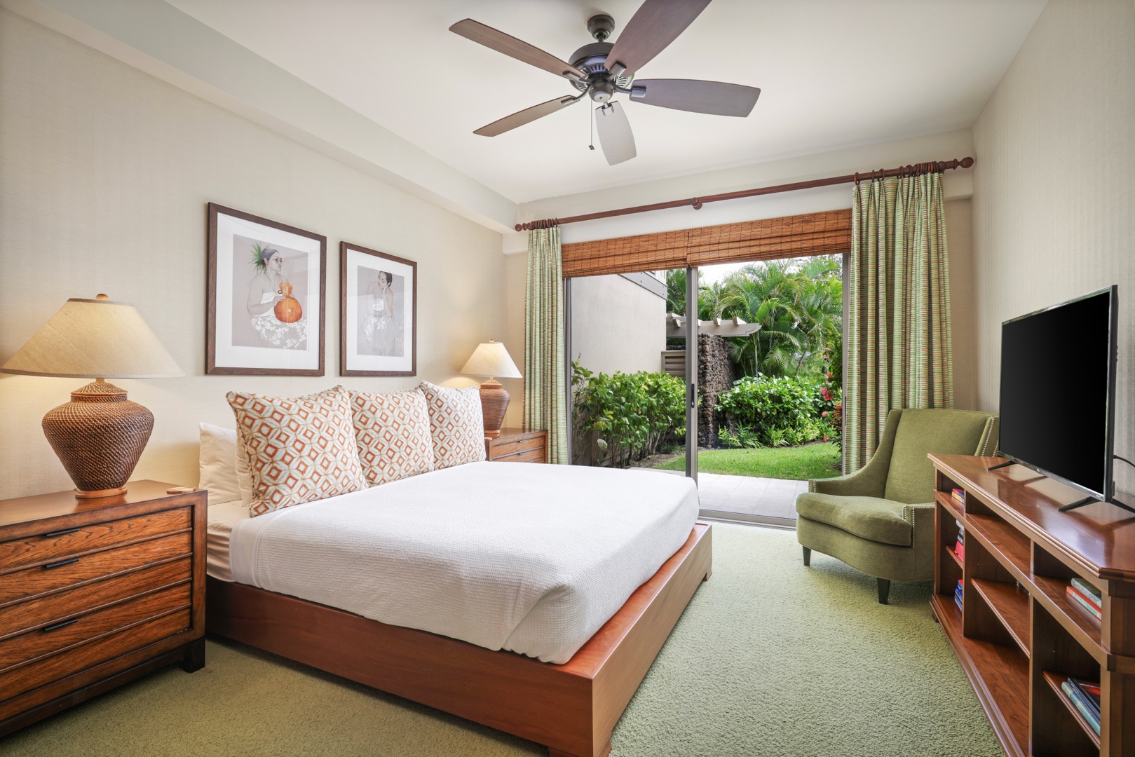 Kailua Kona Vacation Rentals, 3BD Ke Alaula Villa (210B) at Four Seasons Resort at Hualalai - Guest Room #2 (lower level) w/King bed, flat screen television, private patio & adjacent full bath.
