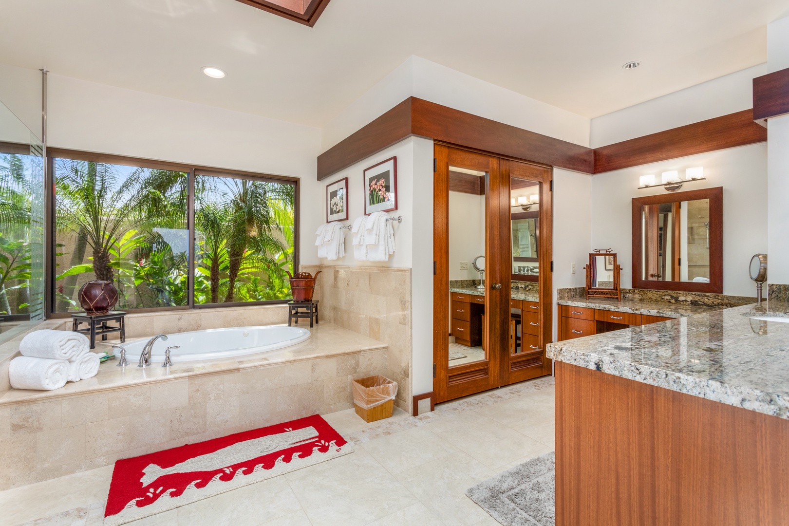Kamuela Vacation Rentals, 3BD Villas (39) at Mauna Kea Resort - Primary bathroom with soaking tub, dual vanity, walk-in shower, and separate commode for privacy.