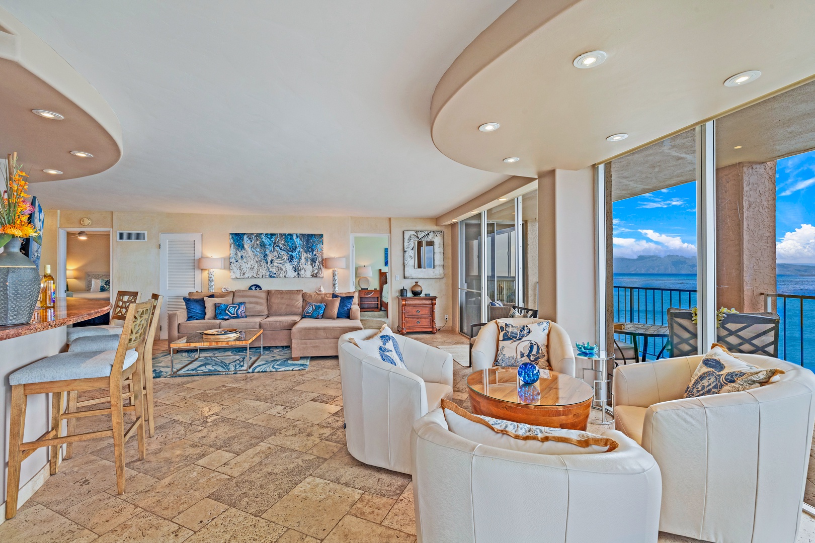 Lahaina Vacation Rentals, Royal Kahana 610 - The open layout connects the cozy seating area to the living room, creating a perfect space for gatherings with a view.