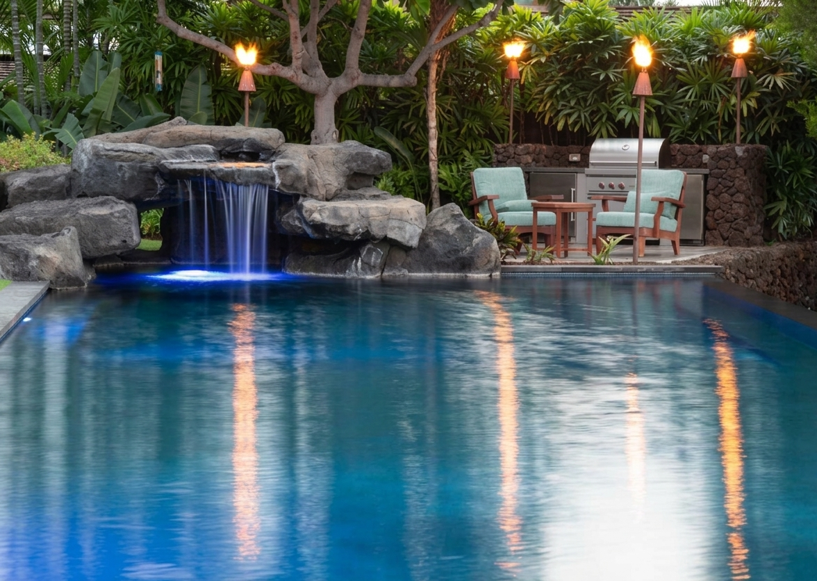 Kailua Kona Vacation Rentals, 5BD Ke Alaula Estate (144) at Hualalai Resort - Resort-style pool with rock waterfall feature, perfect for tropical relaxation.