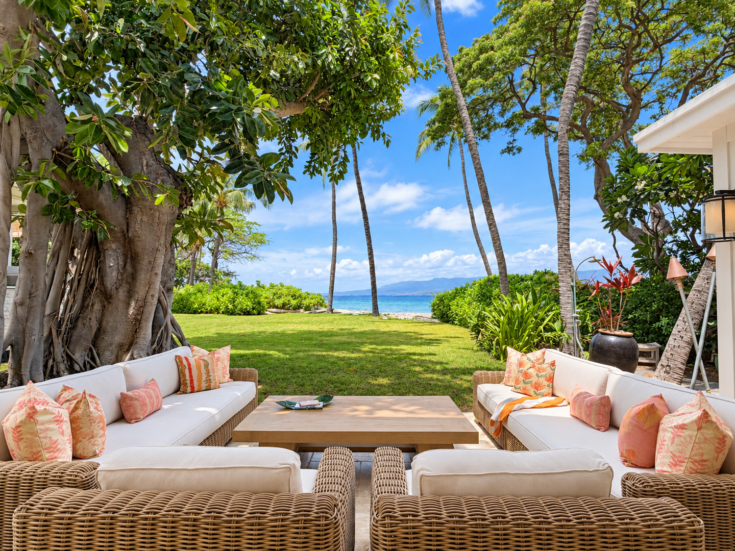 Kamuela Vacation Rentals, 4BD Estate Home at Puako Bay (74) - Gather on the wicker sofas in the tree's shade, ocean framed just past the lawn.
