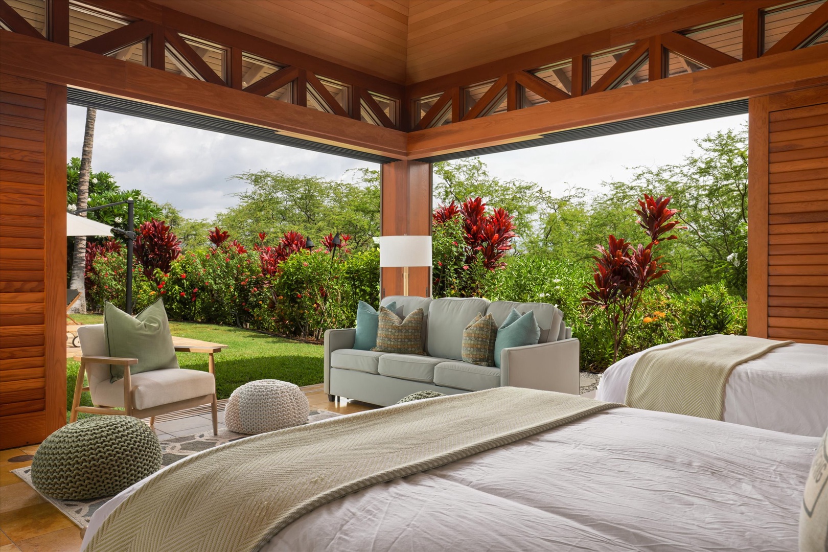 Kamuela Vacation Rentals, 3BD Na Hale 3 at Pauoa Beach Club at Mauna Lani Resort - Slide back the corner walls and the garden with its red ti plants comes right into the Guest Suite (Bedroom #2).