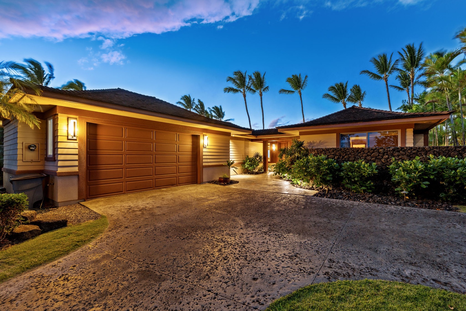 Kailua Kona Vacation Rentals, 3BD Pakui Street Estate (149) at Hualalai Resort - Pull up at dusk to warm light spilling from the entry and a sky going violet.