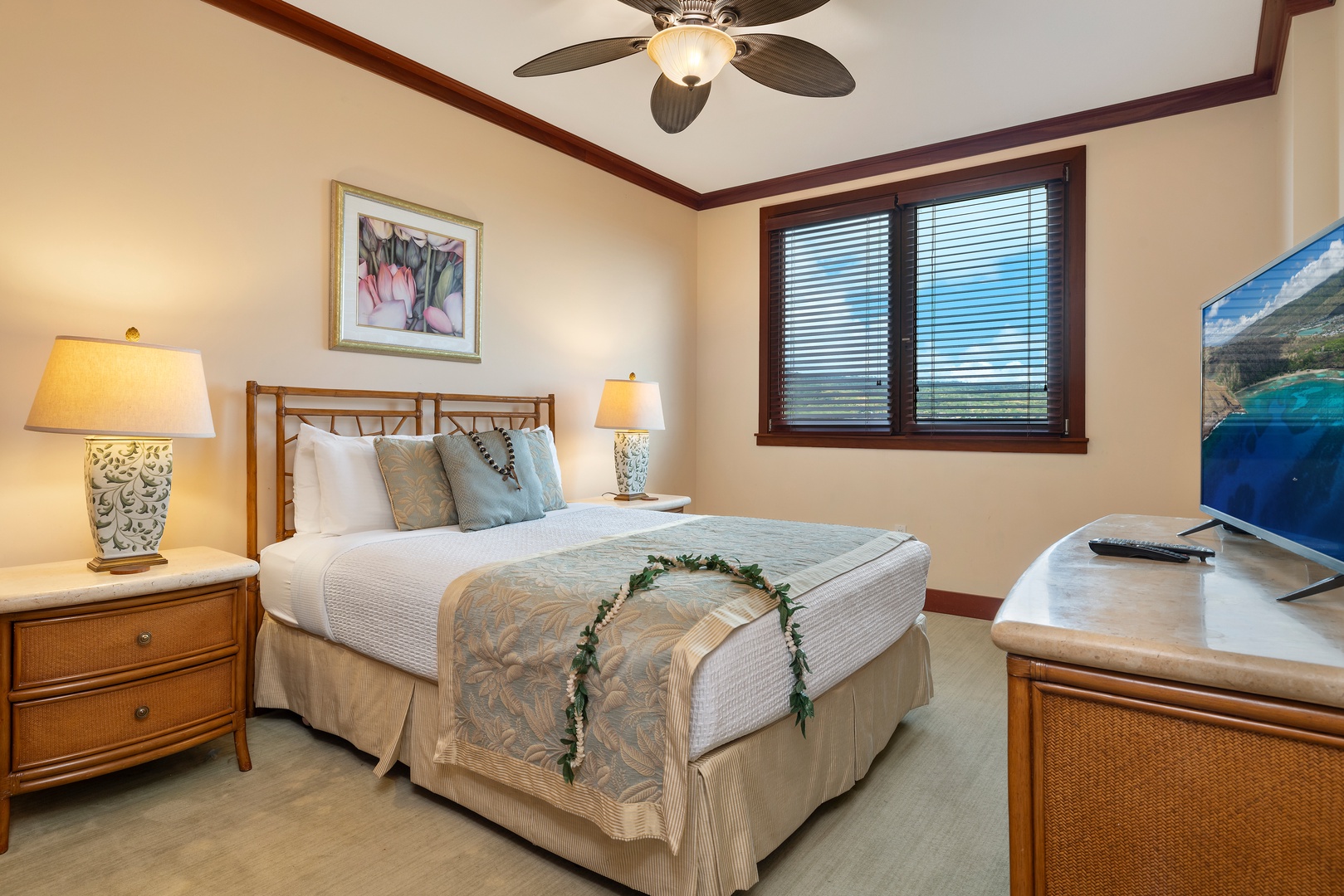 Kapolei Vacation Rentals, Ko Olina Beach Villas O805 - Guest bedroom with a smart TV, a queen bed and a nice view.