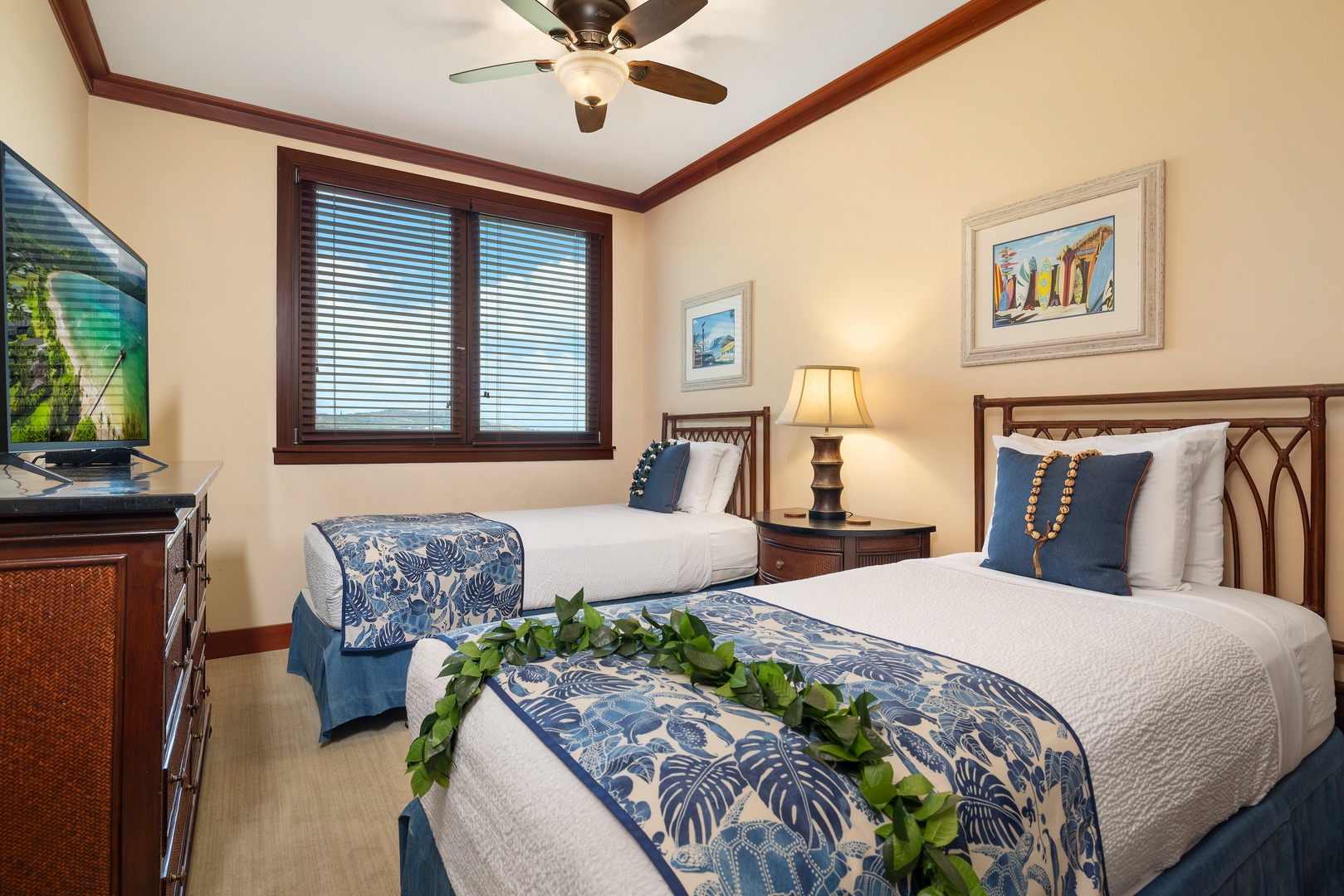 Kapolei Vacation Rentals, Ko Olina Beach Villas O805 - Guest bedroom with smart TV and two twin beds that can be converted into a king bed upon request, perfect room for the little ones.