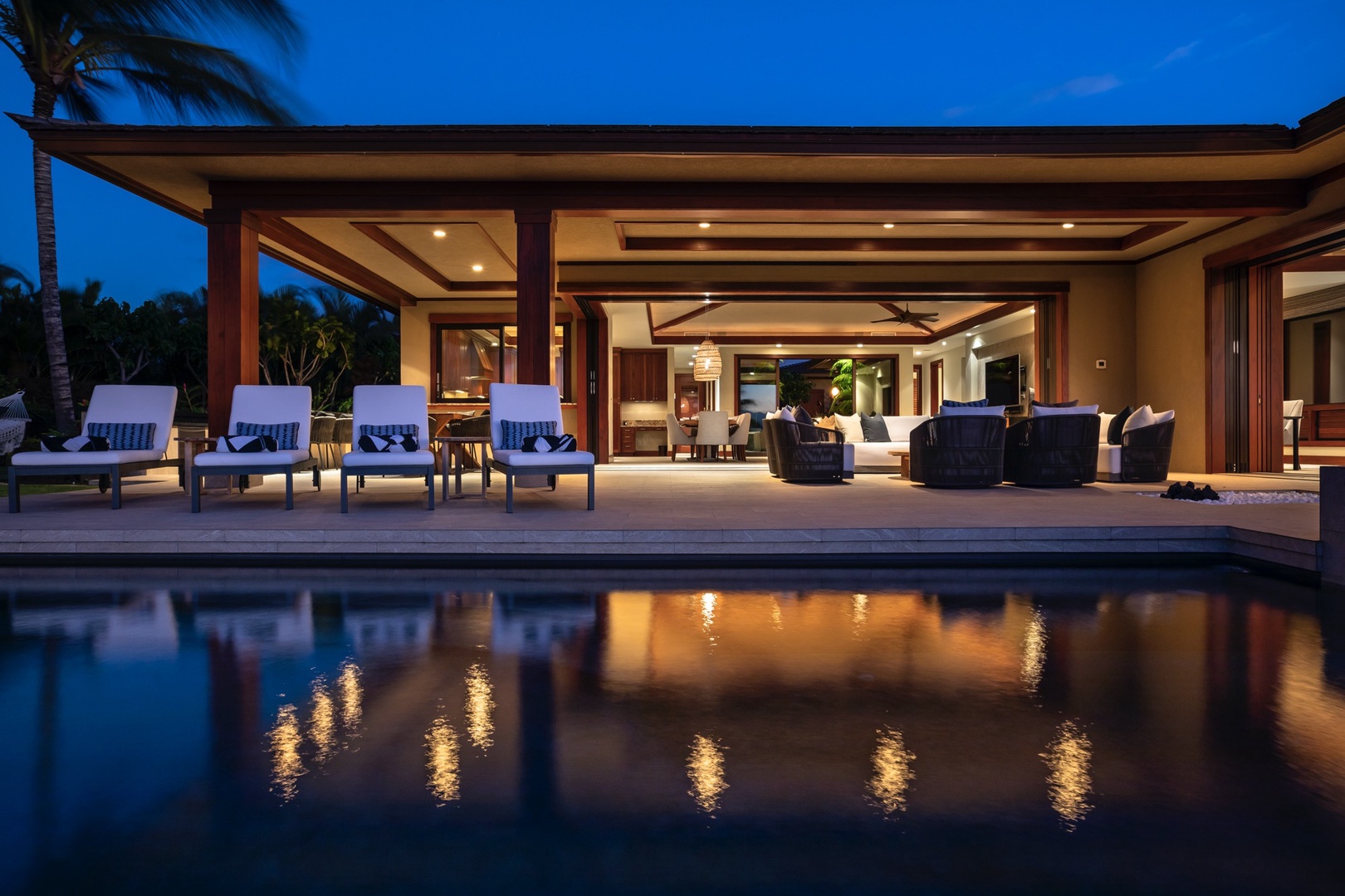Kailua Kona Vacation Rentals, 4BD Kulanakauhale Estate (3558) at Hualalai Resort - Pool, lanai and home at twilight. A perfect end to a perfect day in paradise.
