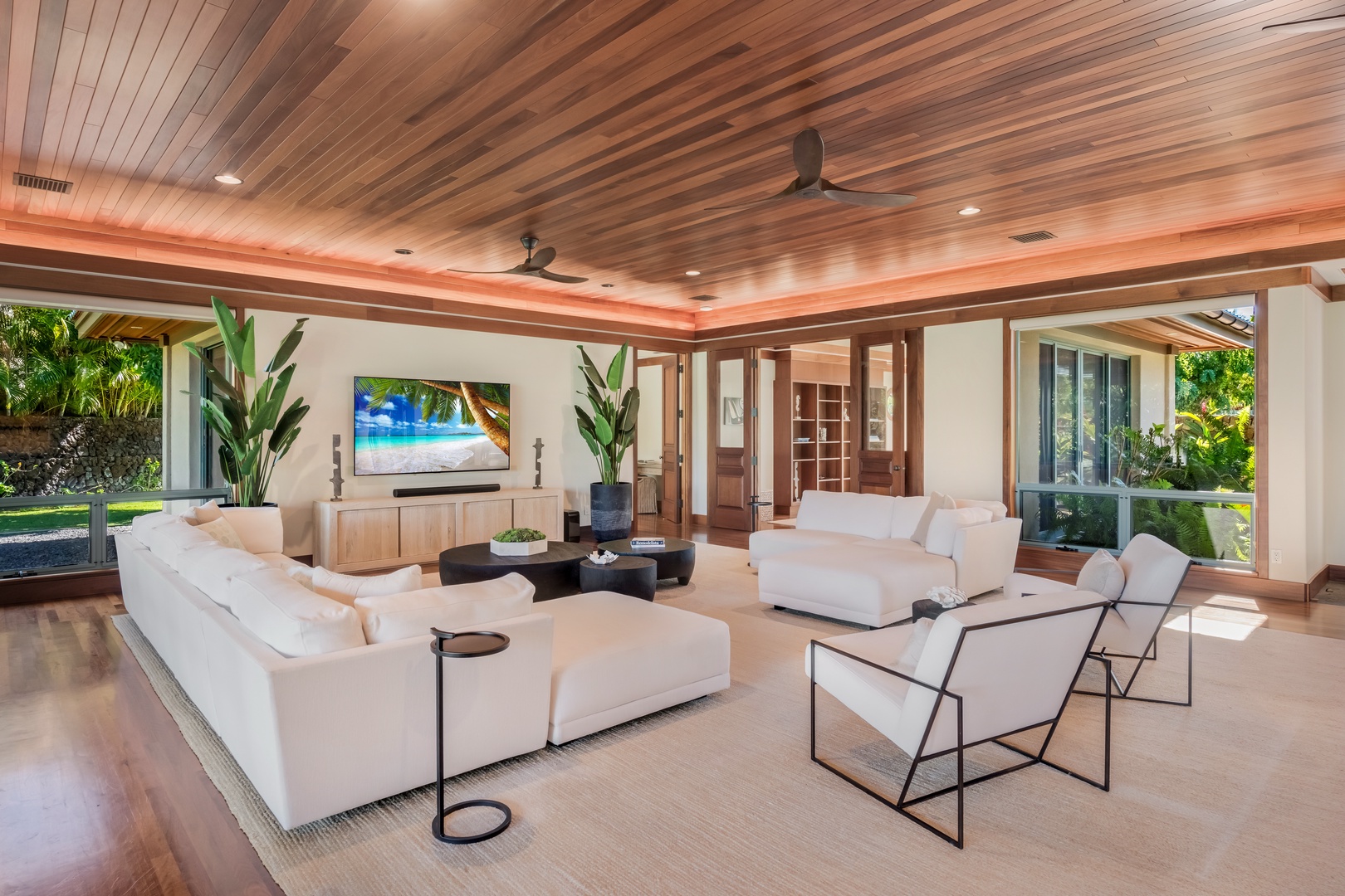 Kamuela Vacation Rentals, Champion Ridge Elegance - Elegant living room featuring high ceilings, complete with SmartTV and Sonos sound system