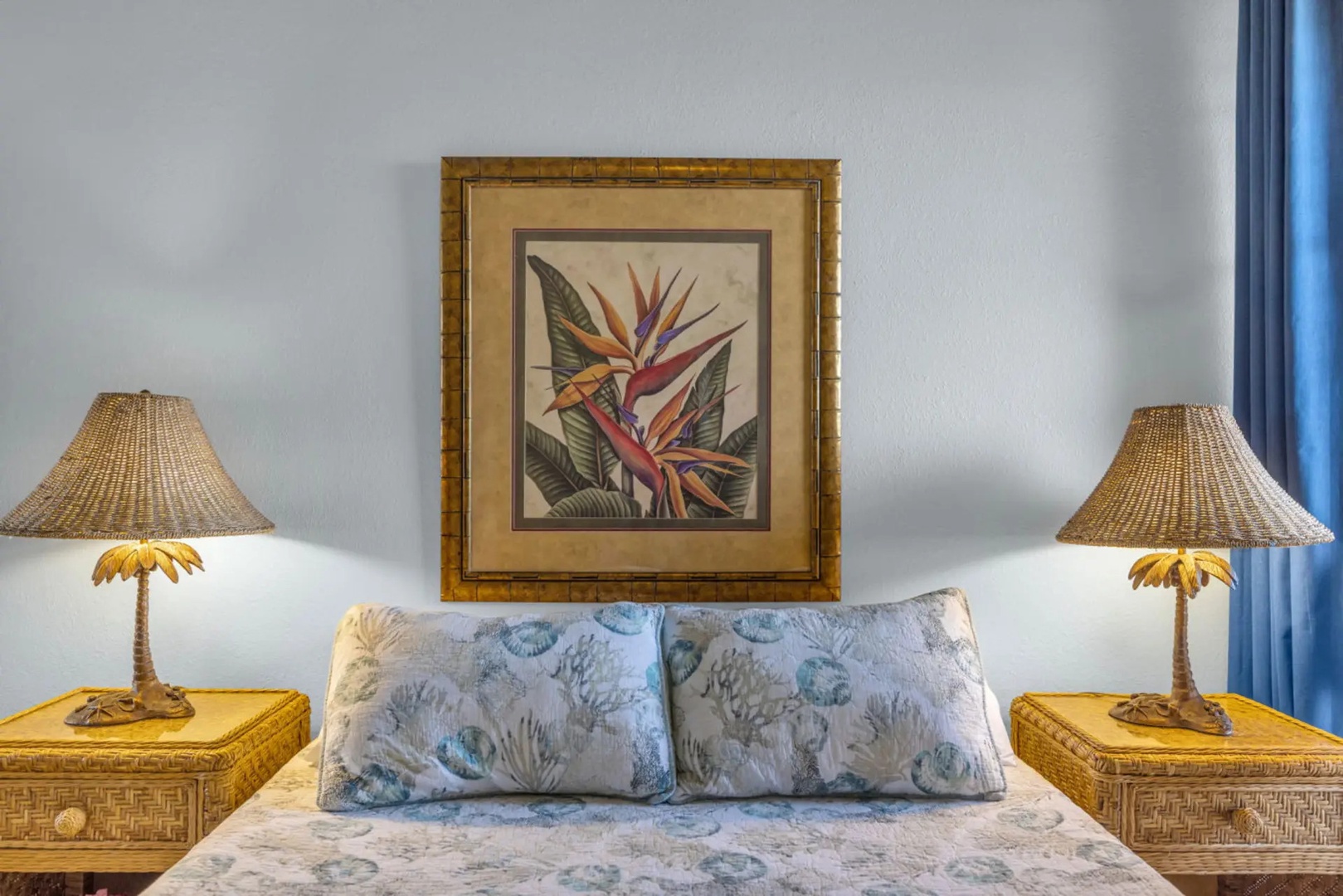 Kihei Vacation Rentals, Maui Vista 2420 - Matching palm-frond lamps and a bird-of-paradise print give the room its easy tropical character.