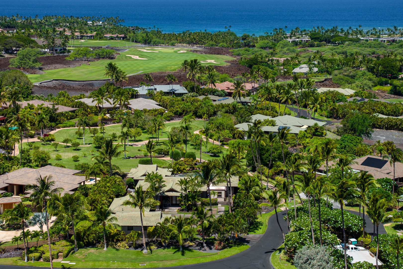 Kamuela Vacation Rentals, Beach Walker at Champion Ridge - Aerial view of the lush, green neighborhood with ocean views in the distance.