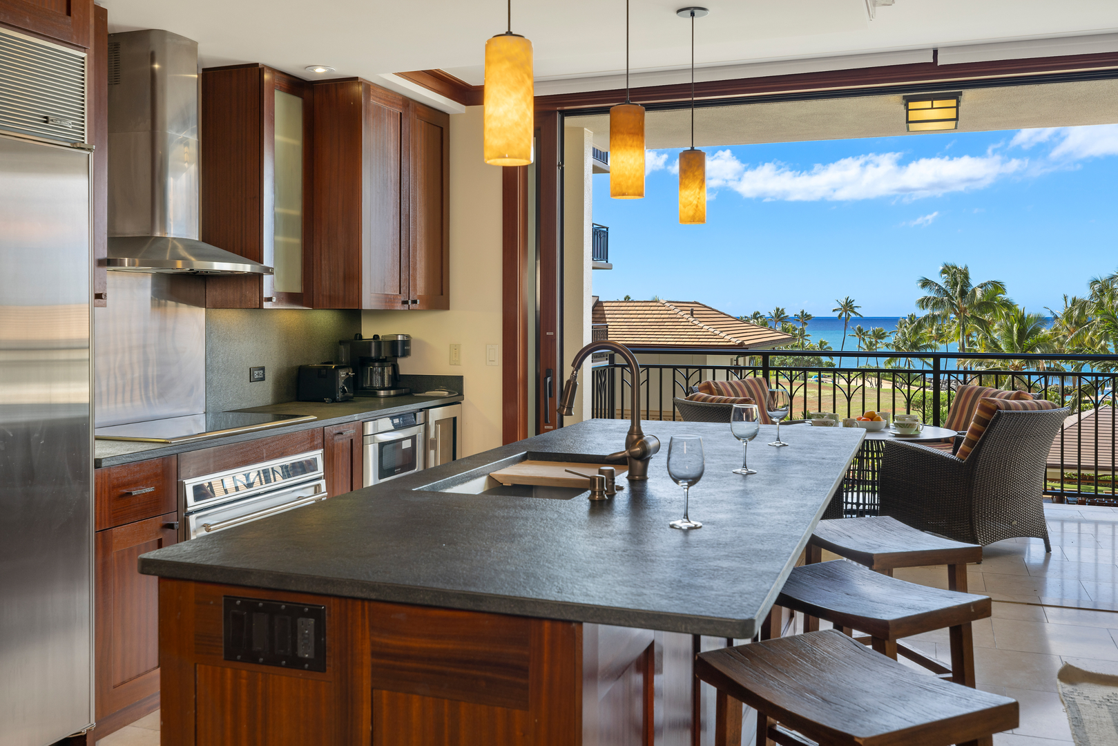 Kapolei Vacation Rentals, Ko Olina Beach Villas O505 - Counter seating means time visiting with the chef, and taking in ocean views.