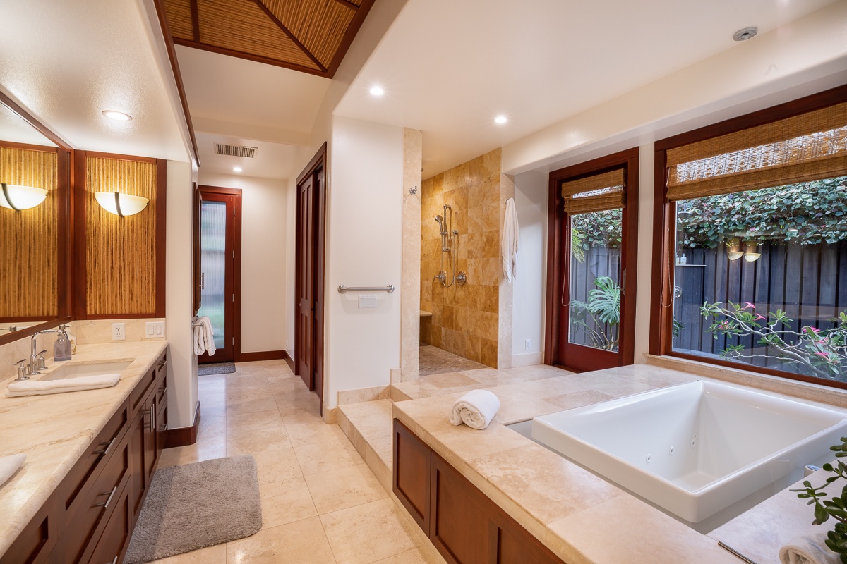 Kamuela Vacation Rentals, Mauna Lani Champion Ridge 22 - Marble bathroom with shower and jetted tub