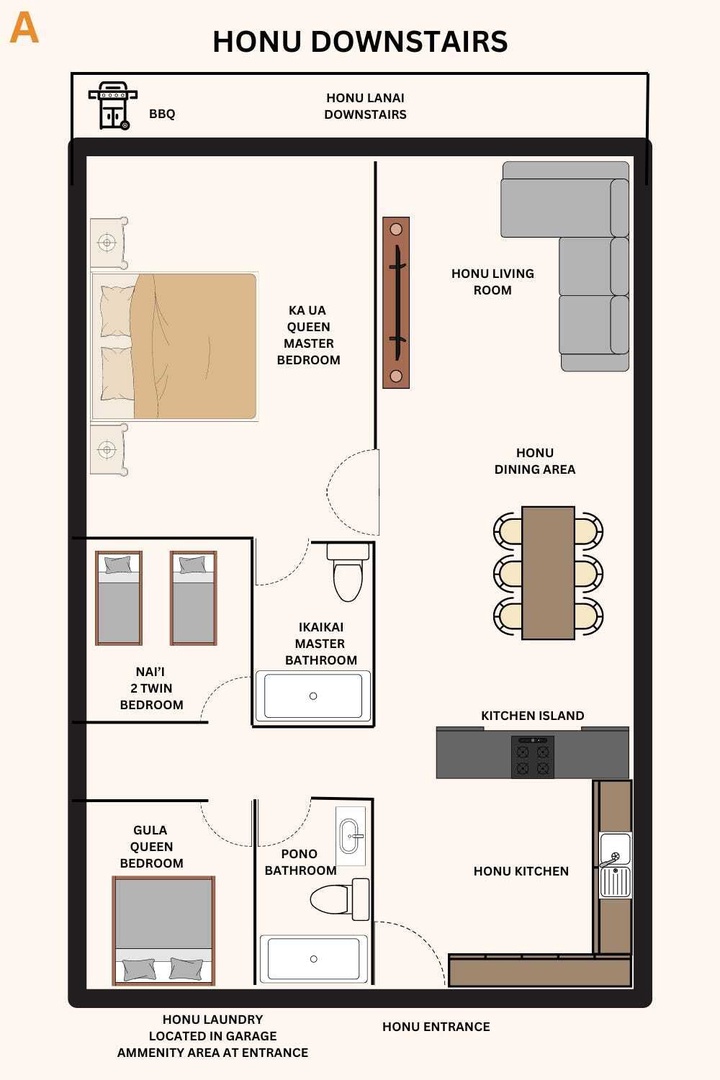 Kailua Kona Vacation Rentals, Kona Beach Bungalows** - Study this detailed floor plan to envision your Hawaiian retreat, with spacious bedrooms, full kitchen, and outdoor BBQ area for memorable gatherings.