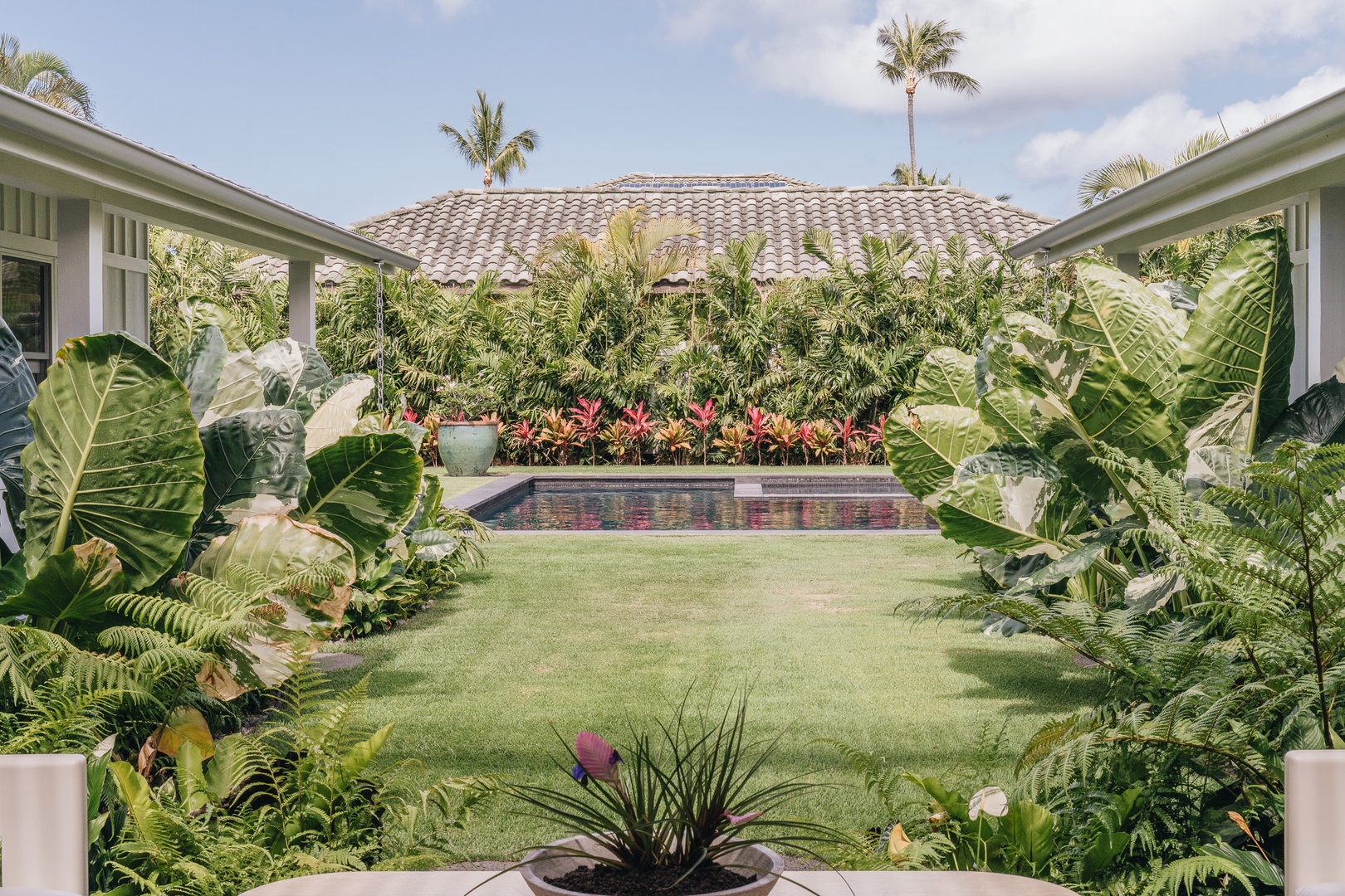 Honolulu Vacation Rentals, Surfside Bungalow** - Lush gardens and an open lawn create a welcoming outdoor gathering space.