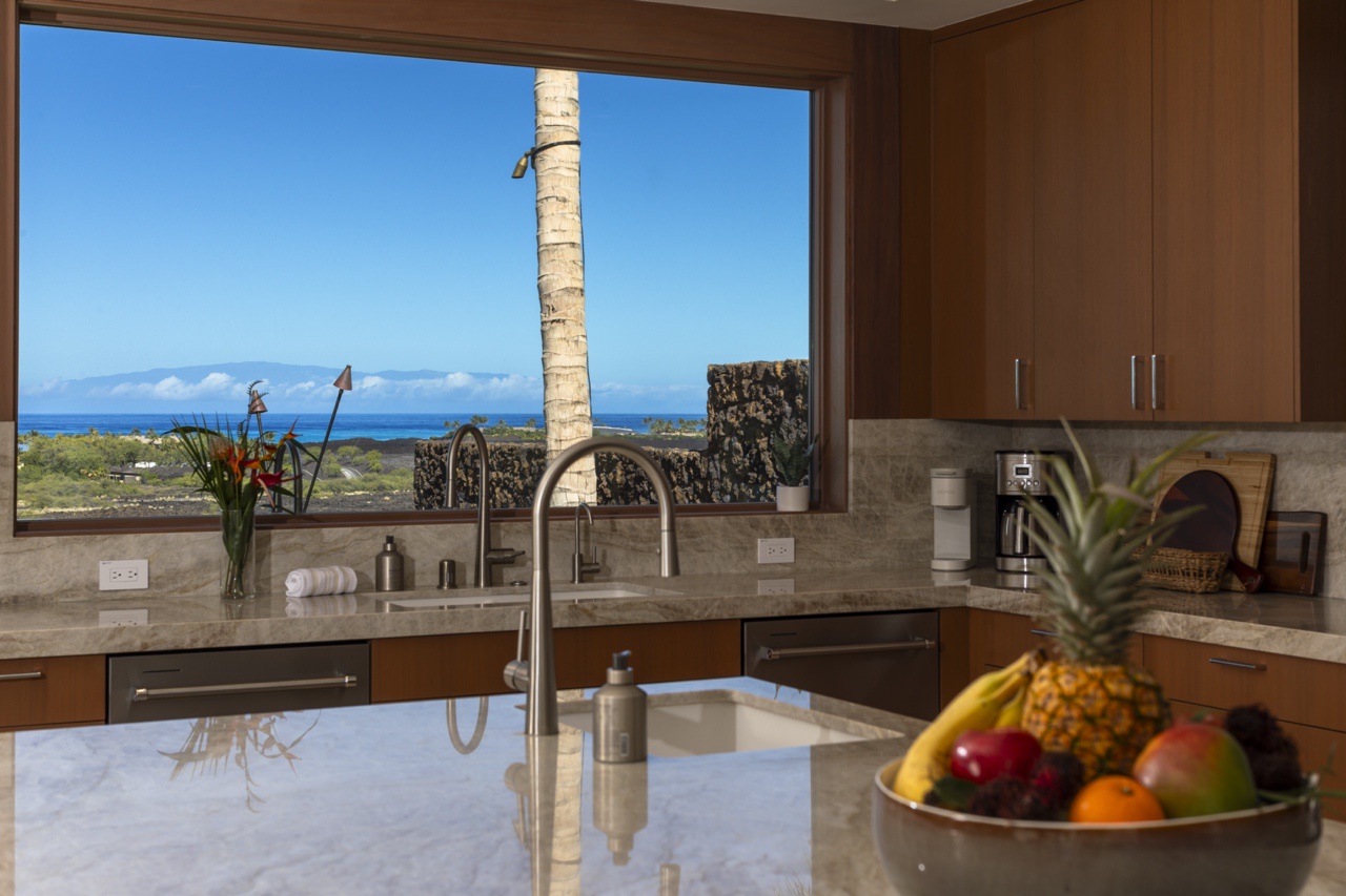 Kailua Kona Vacation Rentals, 4BR Luxury Puka Pa Estate (1201) at Four Seasons Resort at Hualalai - Ocean views from the kitchen area with custom windows.