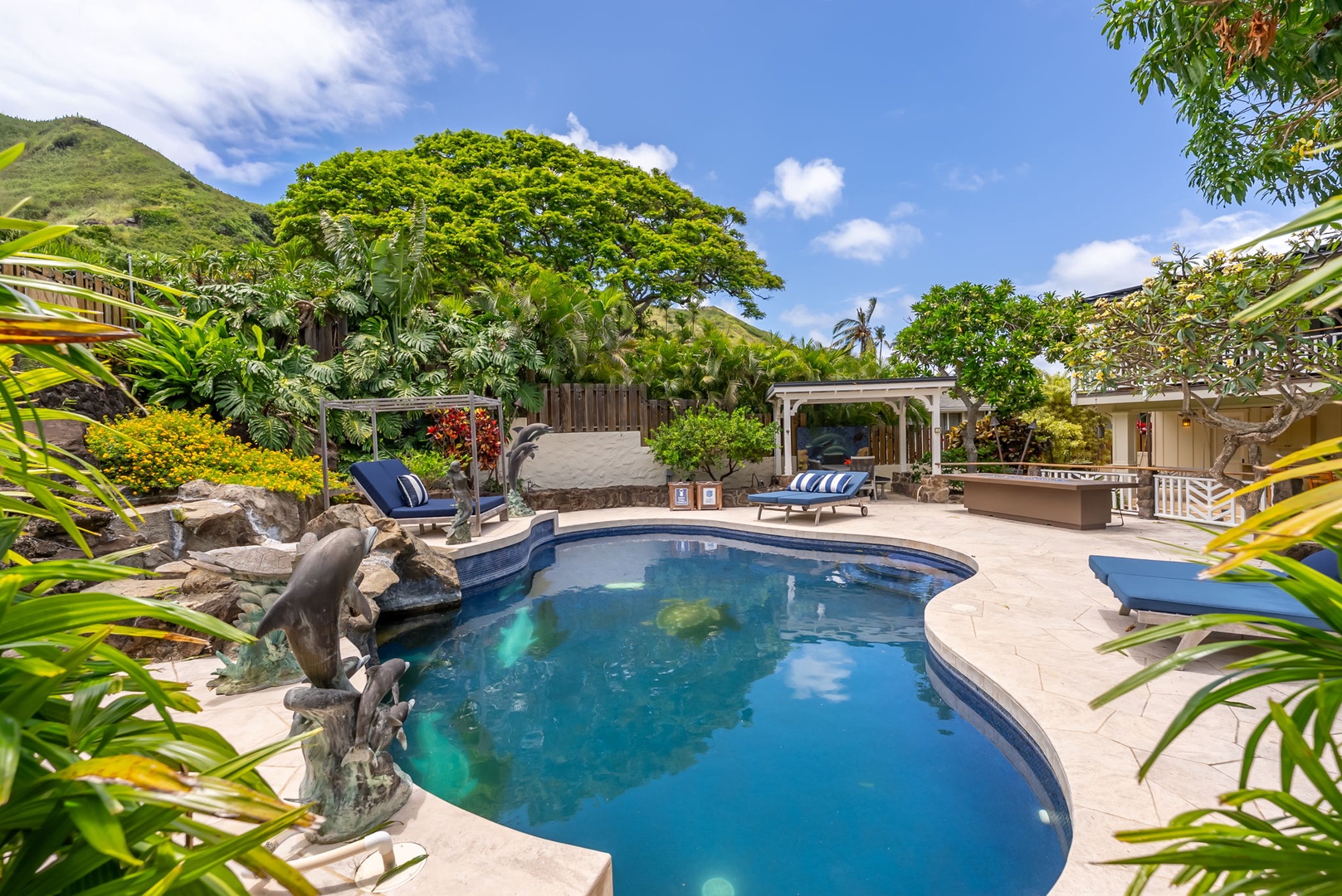 Kailua Vacation Rentals, Leaf House - Immerse yourself in tropical paradise at this stunning private pool, nestled beneath swaying palms and a majestic shade tree, with dramatic mountain views completing your serene Hawaiian escape.