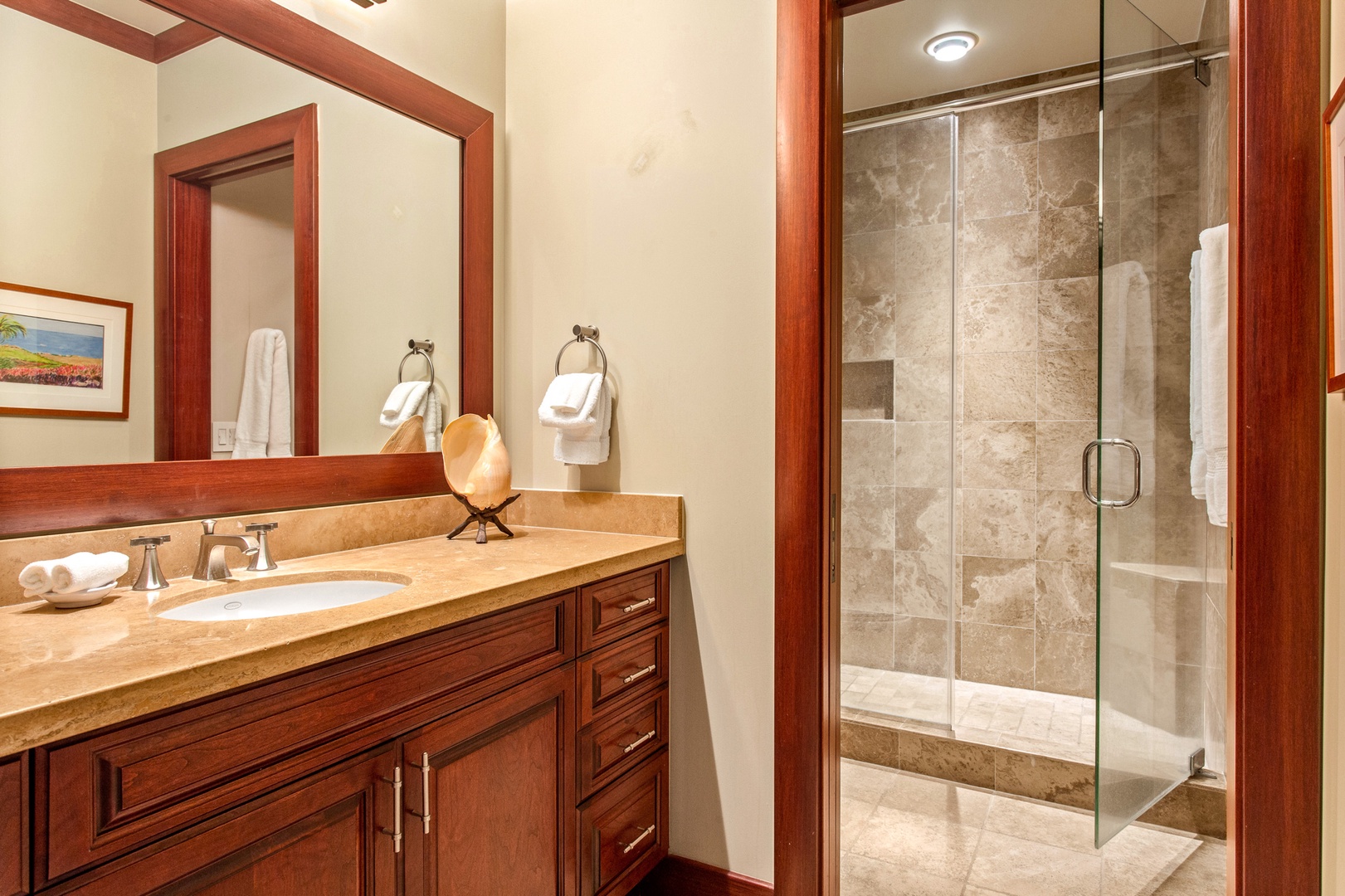 Kamuela Vacation Rentals, 3BD Wai'ula'ula Villa (312) at Mauna Kea Resort - Modern full bath with granite vanity and walk-in shower — conveniently located for guest use.