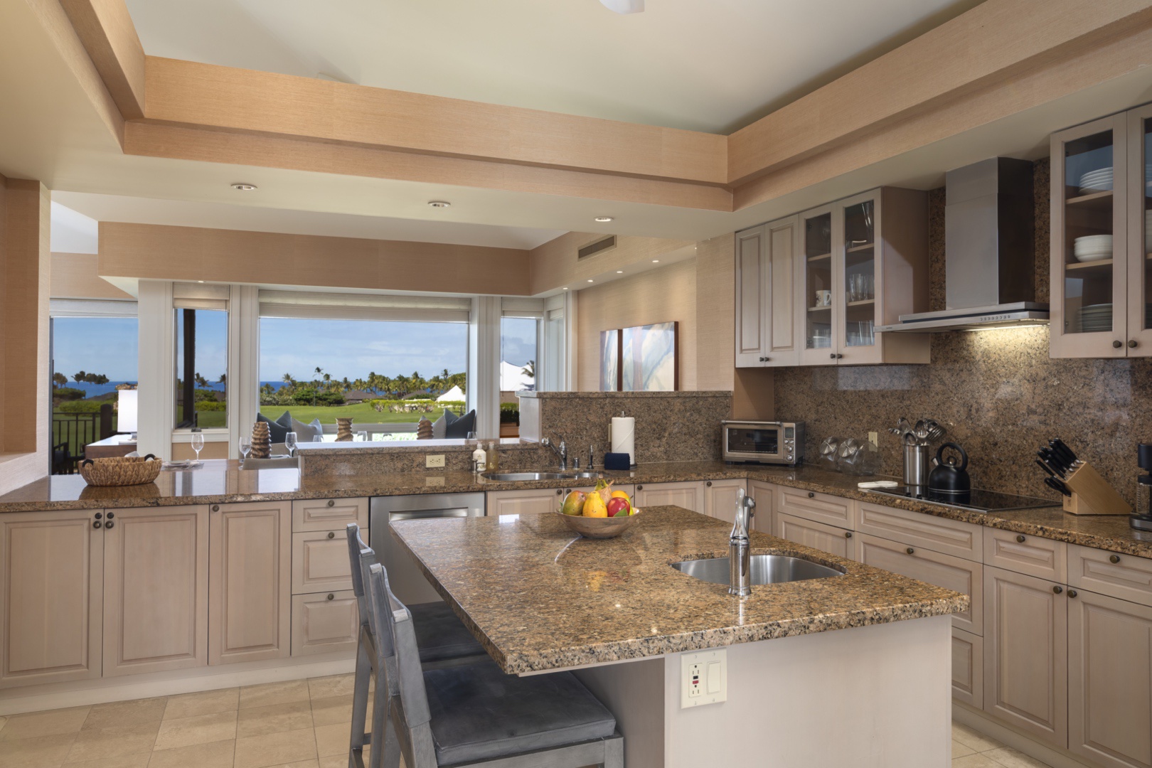 Kailua Kona Vacation Rentals, 3BD Palm Villa (130B) at Hualalai Resort - Spacious modern kitchen, highlighting the views