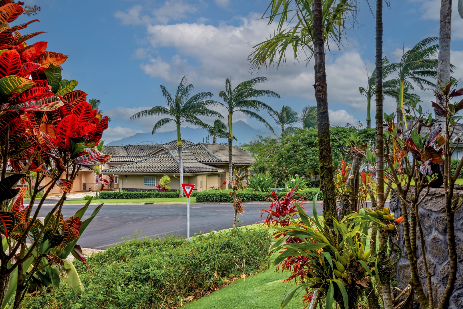 Princeville Vacation Rentals, Hale Hau'oli Moku - Step outside to tall palms and bright foliage under a wide blue sky.