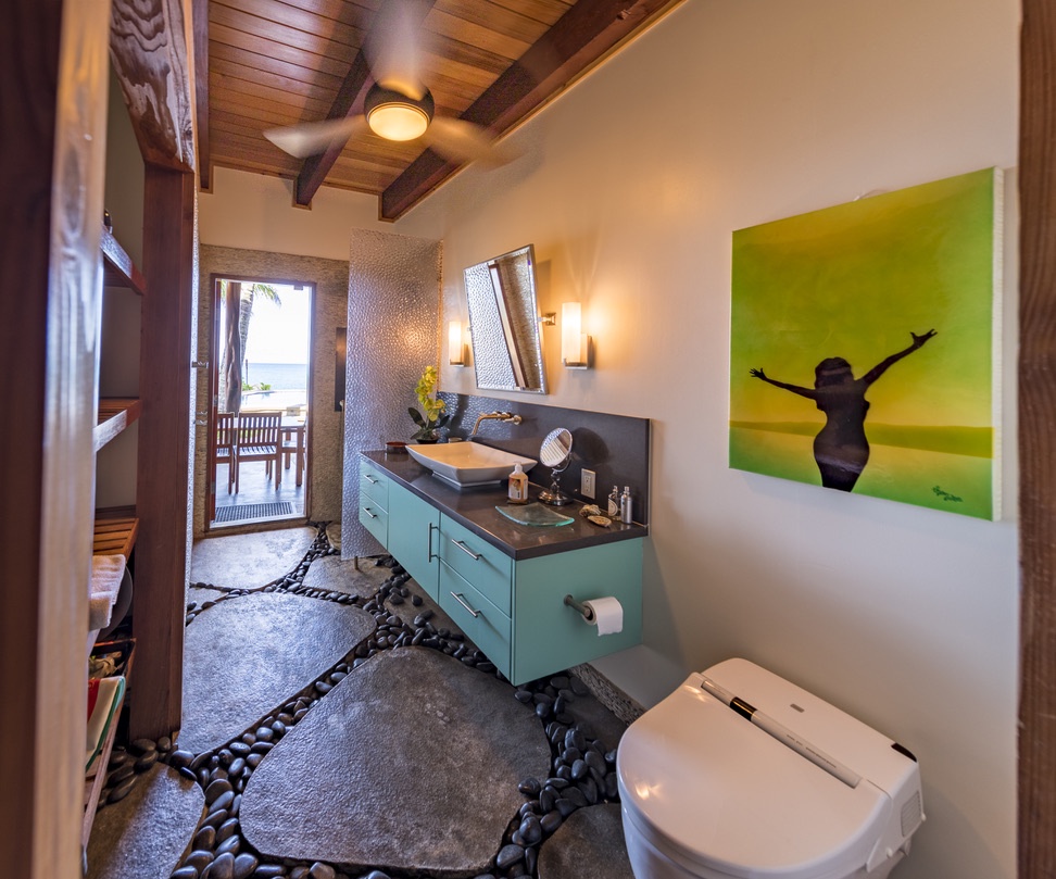 Haleiwa Vacation Rentals, Samurai House - Freshen up in the stylishly designed downstairs bathroom with vibrant decor.