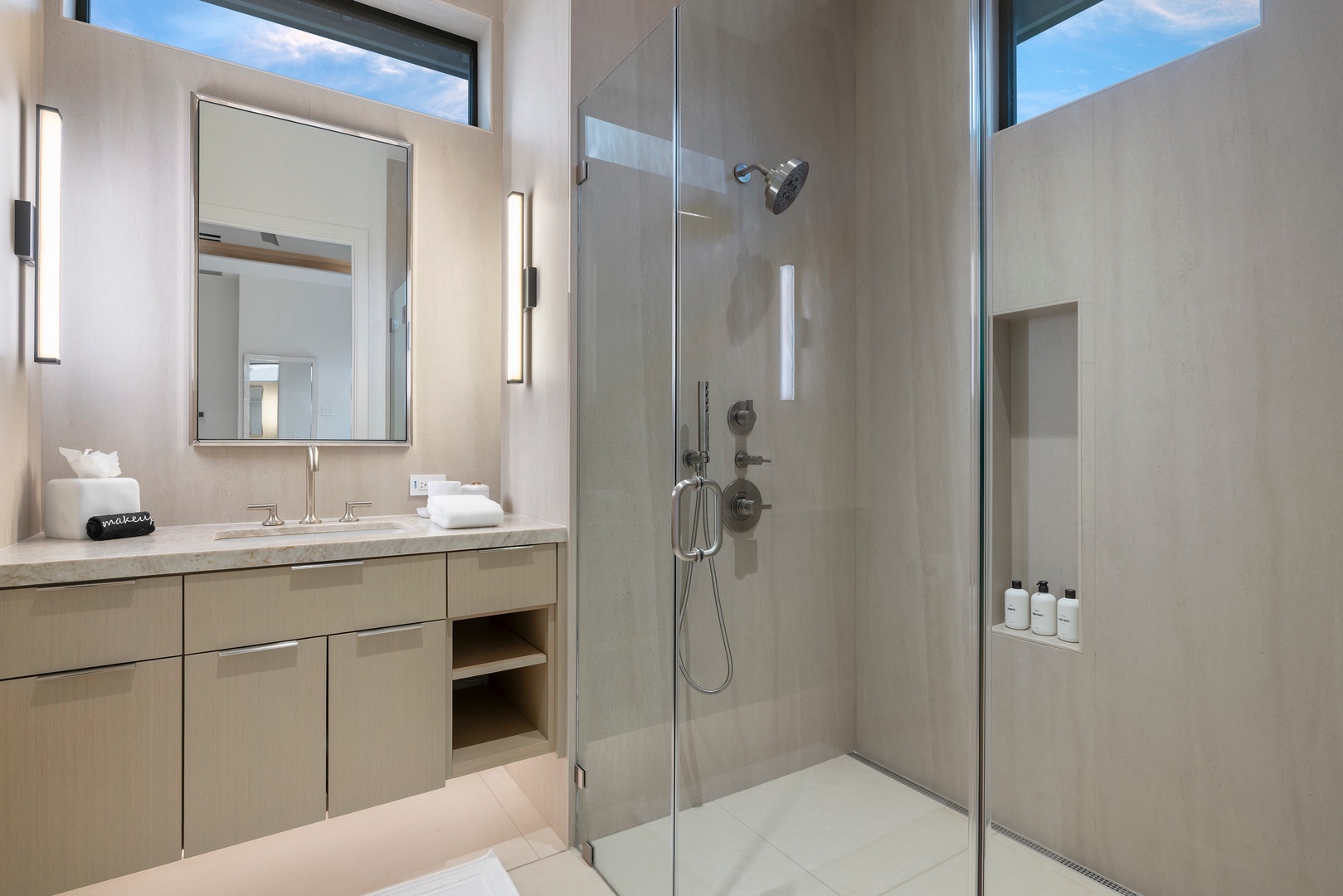 Kamuela Vacation Rentals, 6BD Mauna Lani Lux Golf Estate (6) at One Ocean - A bright Guest Suite Bath (#4) with a walk-in shower and clean, spa-inspired design.