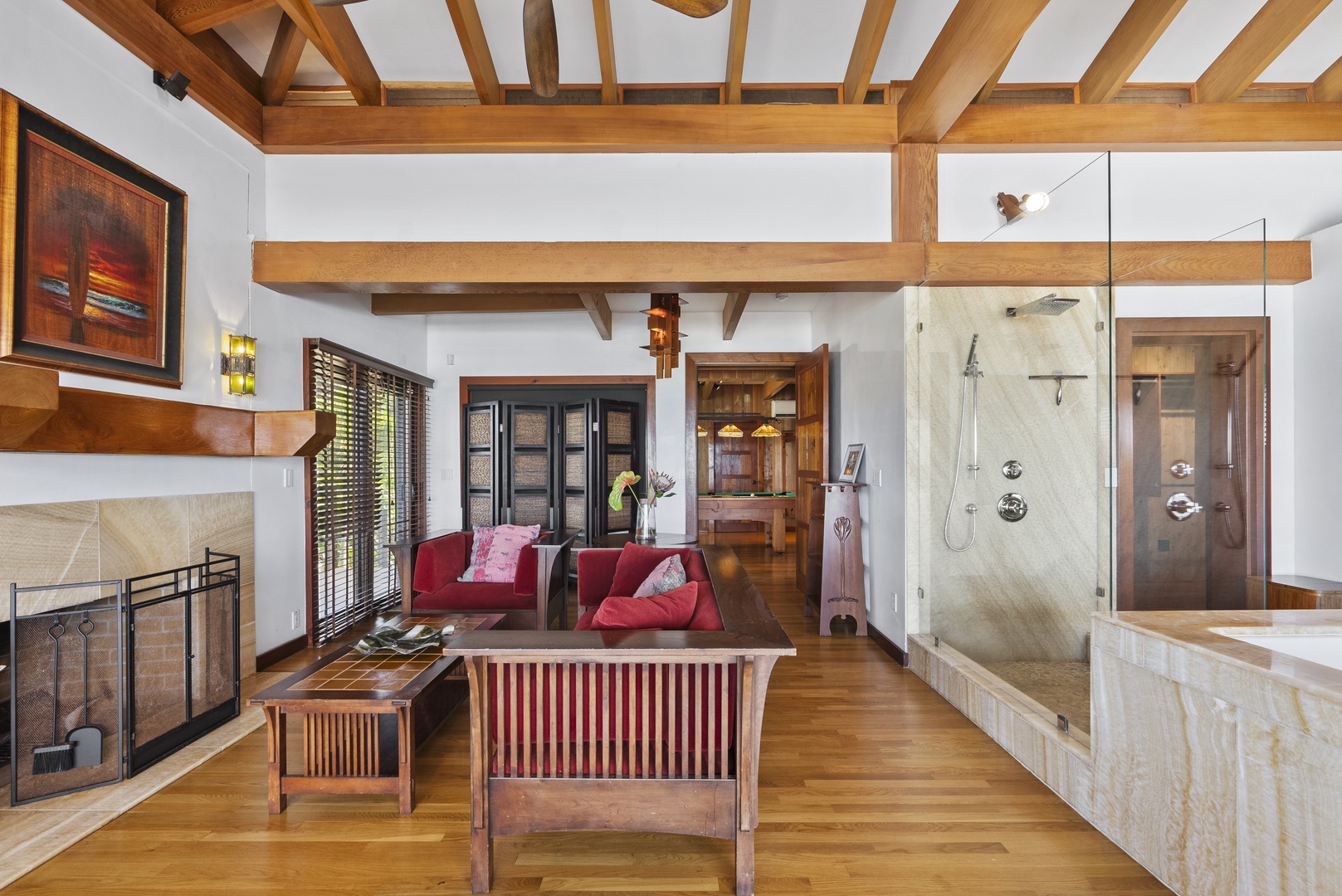 Haleiwa Vacation Rentals, Samurai House - Charming sitting area with wooden beams and traditional island furnishings for a cozy retreat.