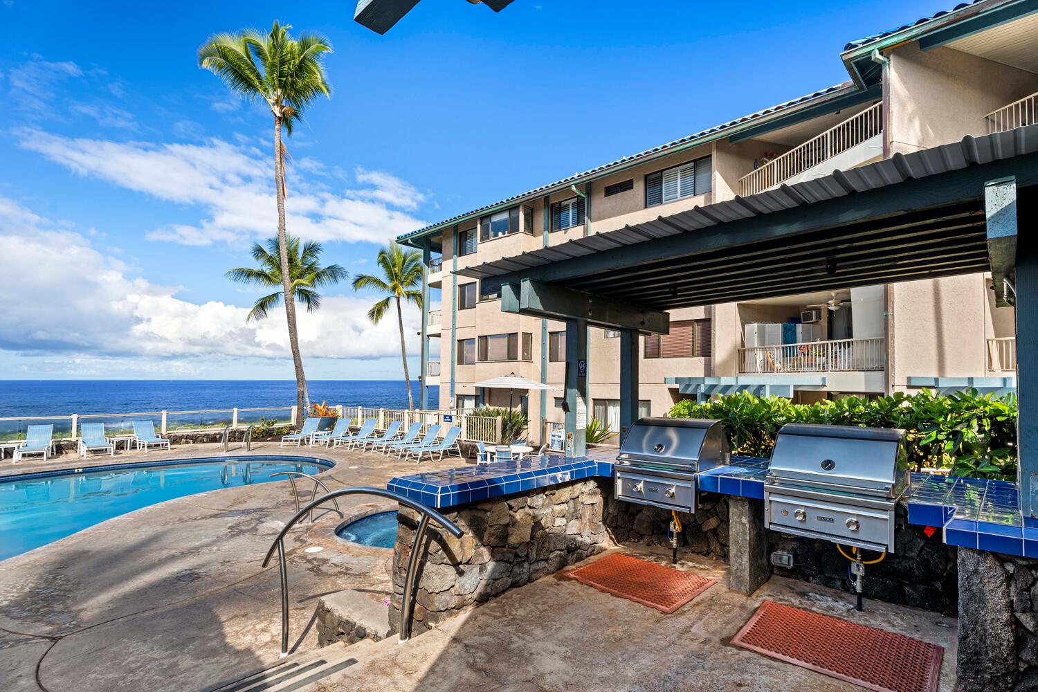 Kailua Kona Vacation Rentals, Kona Reef F11 - Barbecue Facilities and Pavilion located adjacent to the Oceanfront Pool.