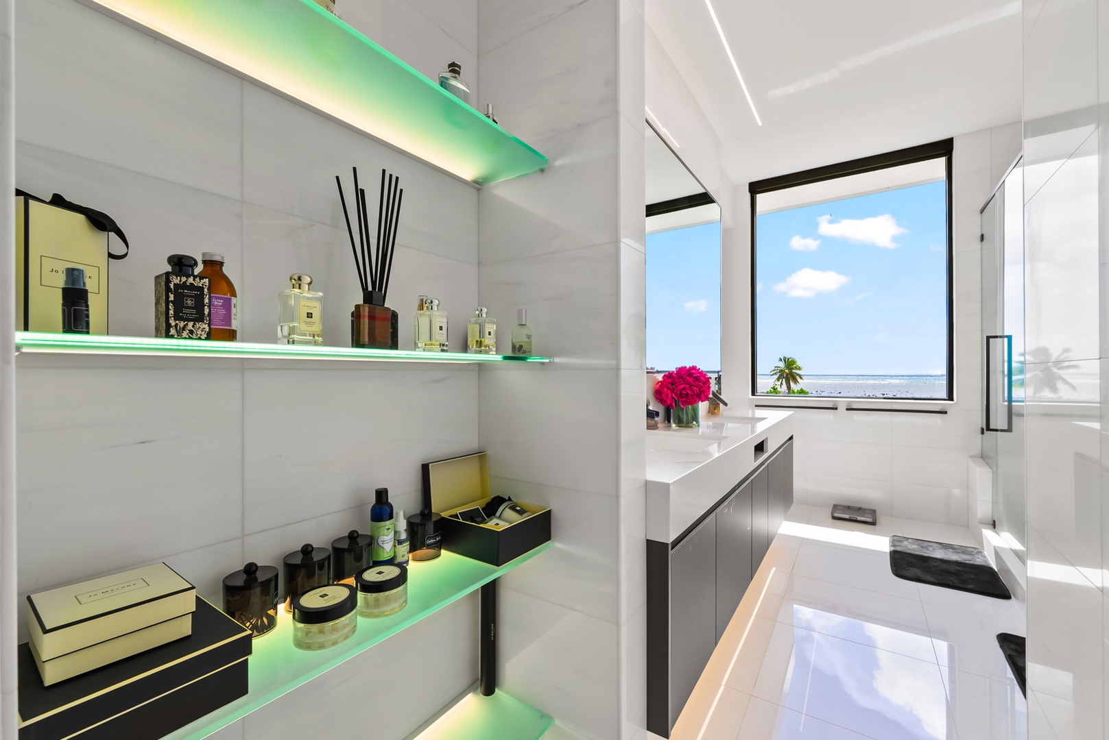 Honolulu Vacation Rentals, Ocean Villa Emilie - A floating shelf bar and modern vanity nook—perfect for prepping for the evening or winding down with a glass of wine.