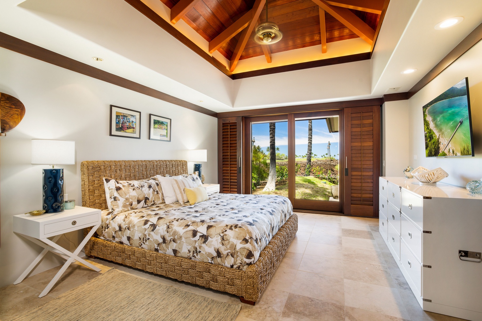 Kamuela Vacation Rentals, Champion Ridge 7 - This king bedroom suite opens to the lanai and features vaulted ceilings and custom art.
