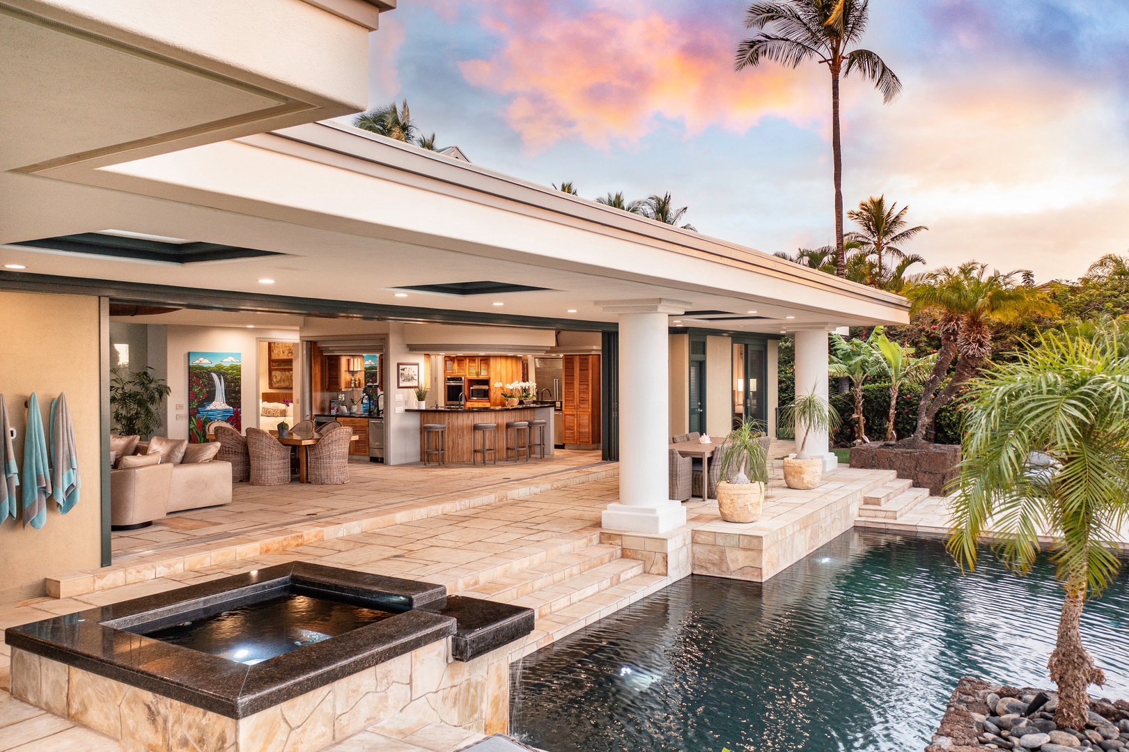 Kamuela Vacation Rentals, Canoe House & Beach Walker at Champion Ridge - Evening glow reflects off the private pool—your tropical retreat begins right here.