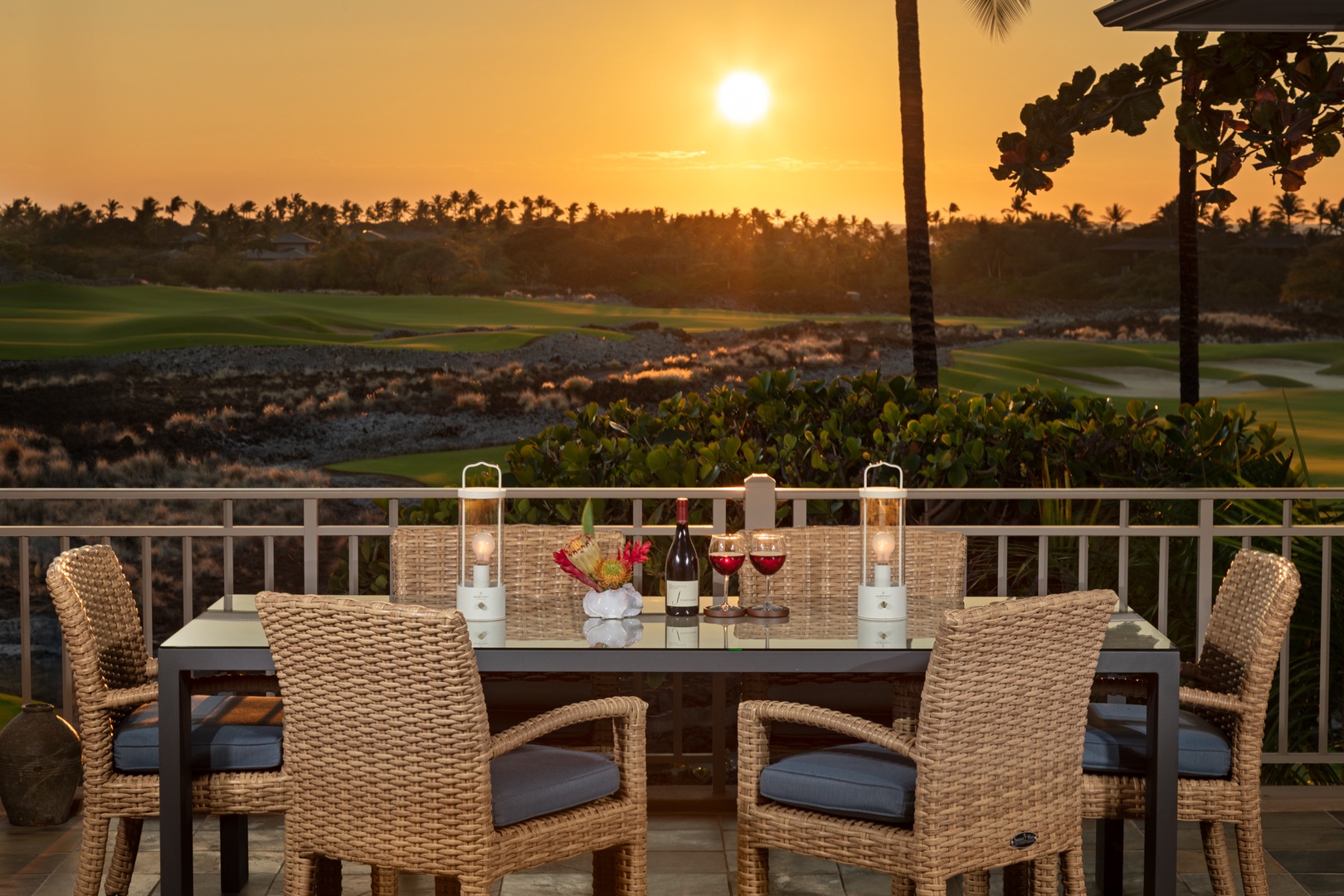 Kailua Kona Vacation Rentals, 3BD Waiulu Villa (111D) at Hualalai Resort - Golden hour dining on this balcony overlooking the golf course creates magical moments for romantic meals.