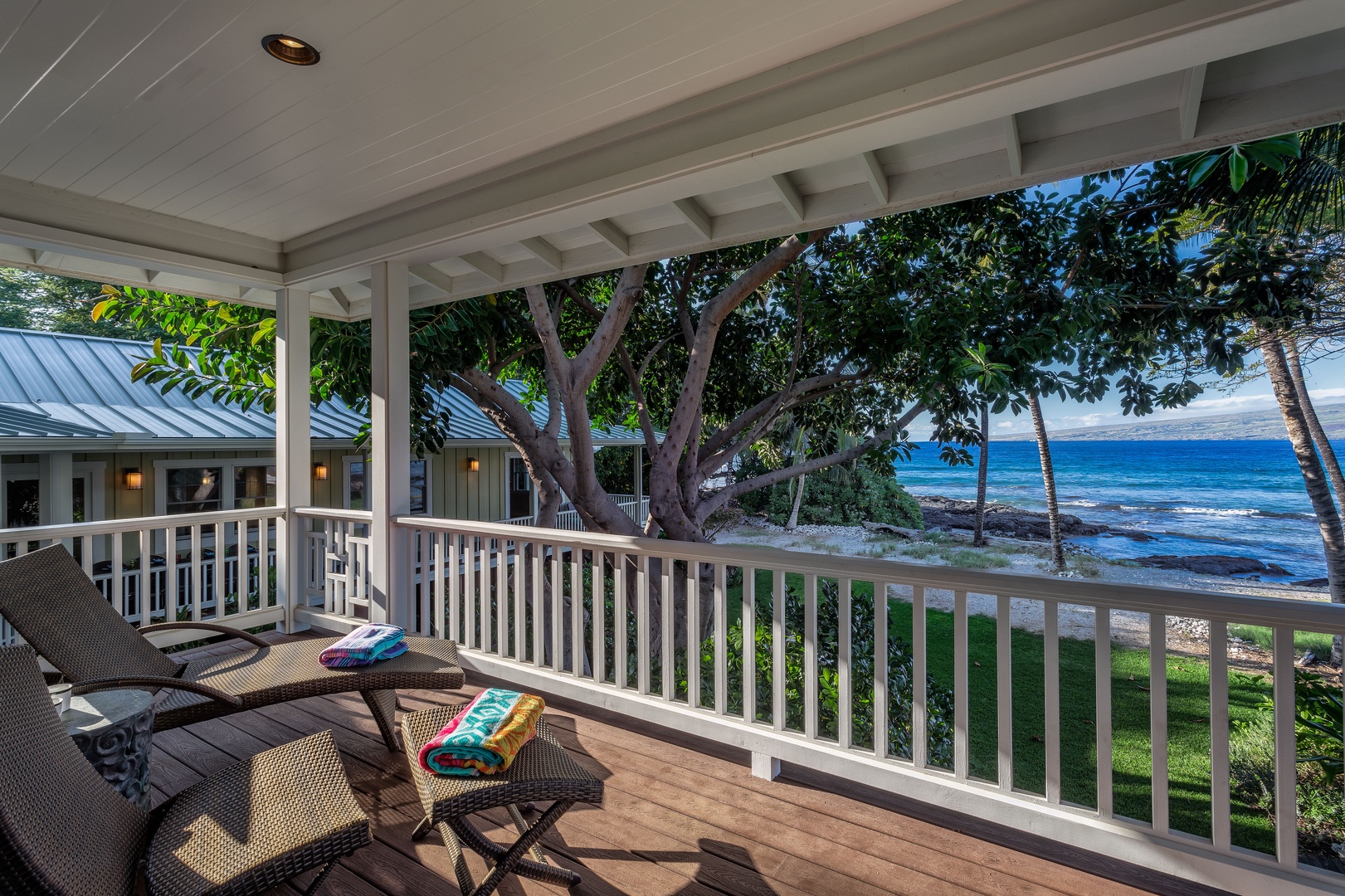 Kamuela Vacation Rentals, 4BD Estate Home at Puako Bay (74) - Alternate View of Ohana Guest Cottage Lanai Under the Eves of the Majestic Banyan Tree.