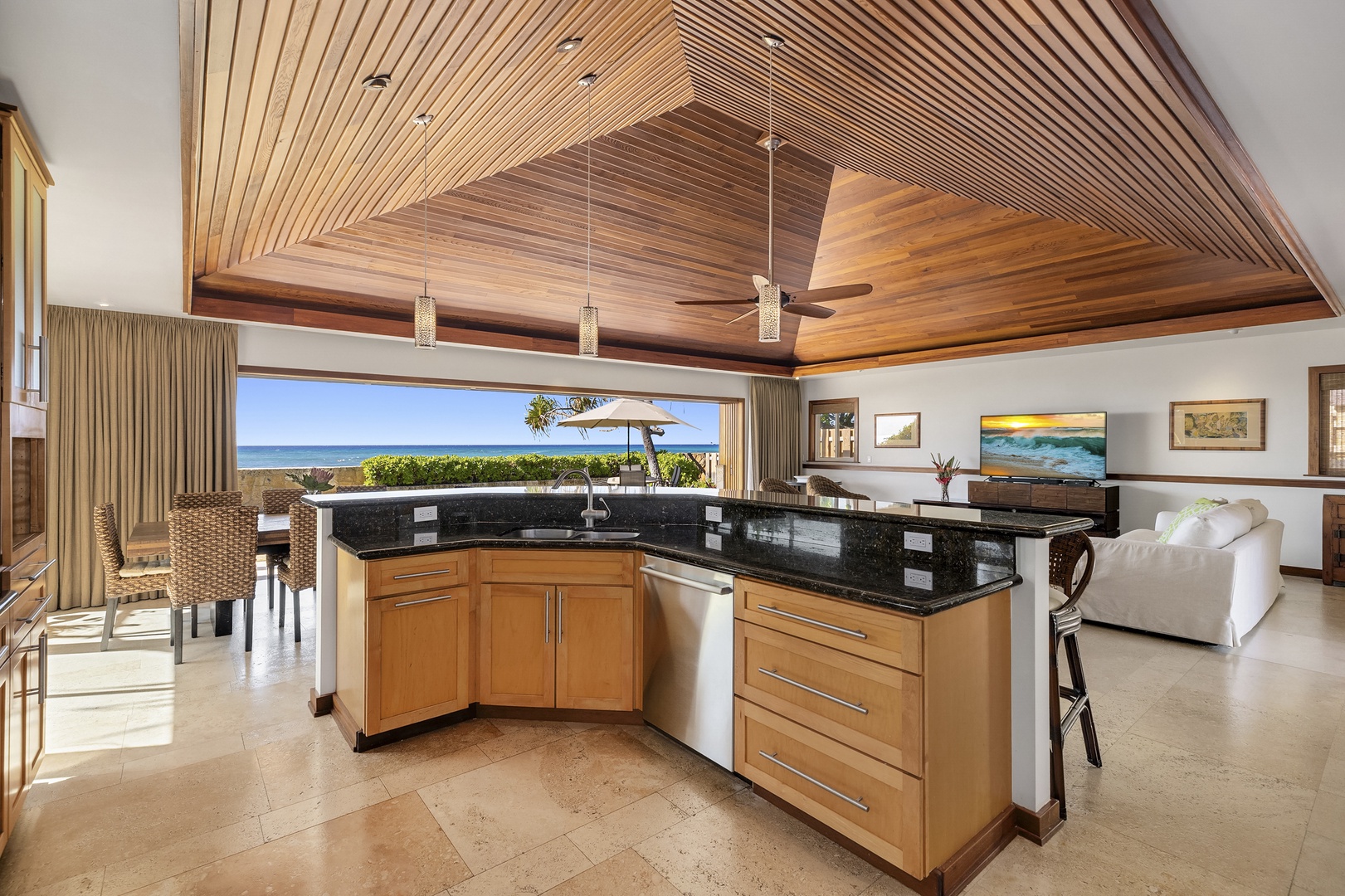 Honolulu Vacation Rentals, Hale Makai at Diamond Head - Open-concept kitchen with spectacular ocean views.