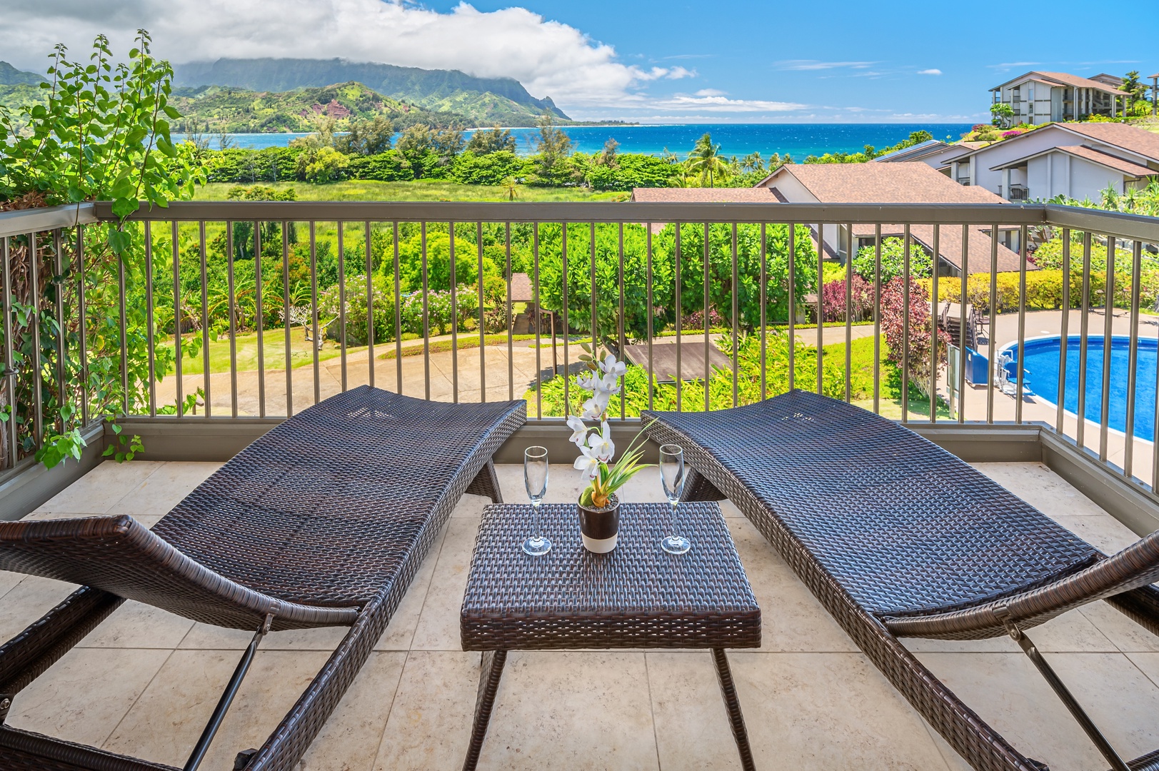 Princeville Vacation Rentals, Hanalei Bay Resort 7307/08 - Lanai off of the primary bedroom will let you enjoy this stunning view
