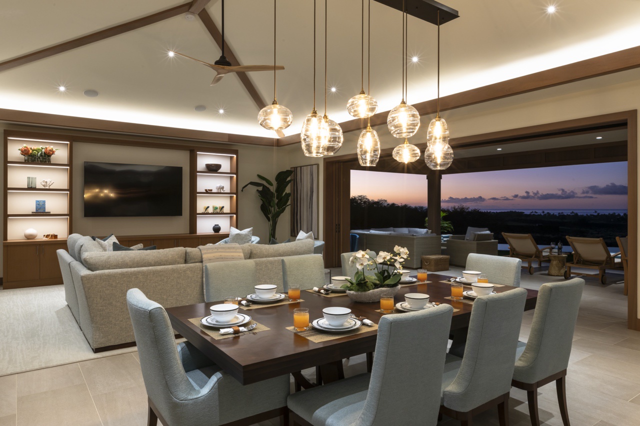 Kailua Kona Vacation Rentals, 4BR Luxury Puka Pa Estate (1201) at Four Seasons Resort at Hualalai - The perfect setting for meals with sophisticated lighting and sunset views.