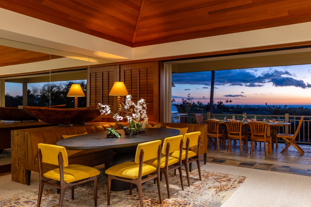 Kailua Kona Vacation Rentals, 3BD Ke Alaula Villa (217C) at Hualalai Resort - Elegant interior seating & dining area with view to upper deck.