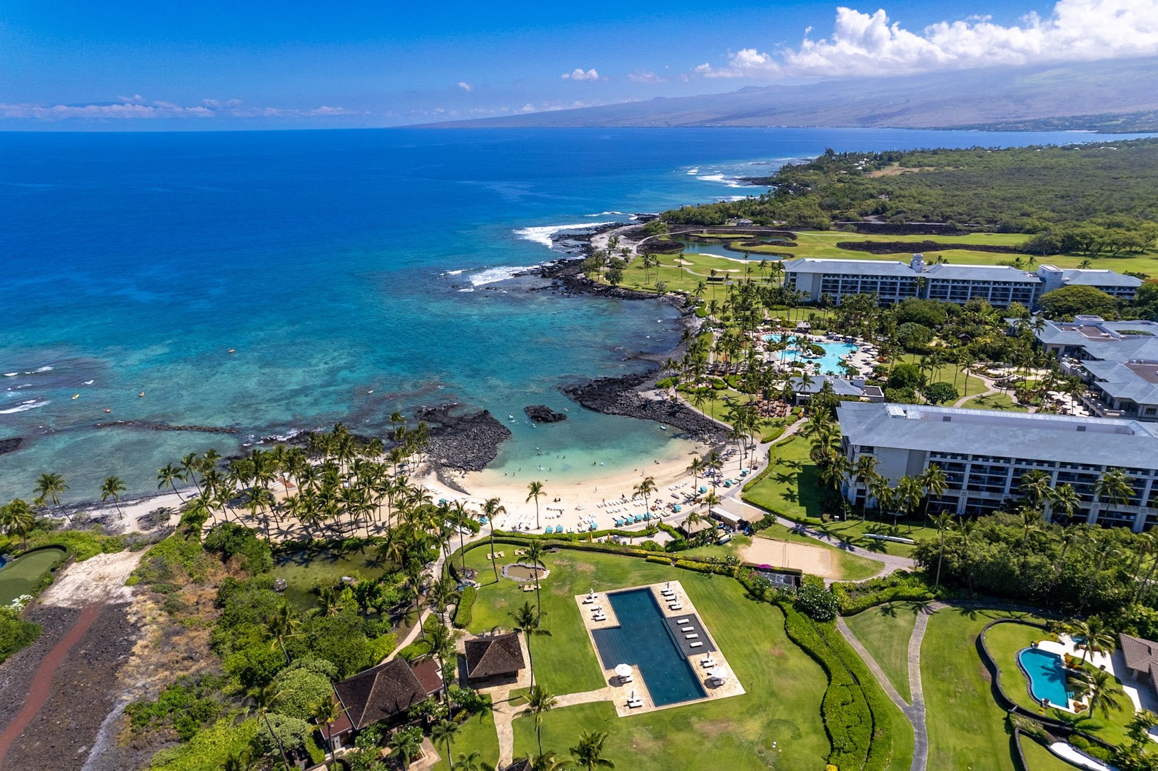 Kamuela Vacation Rentals, 3BD Na Hale 3 at Pauoa Beach Club at Mauna Lani Resort - Aerial shot of the private Pauoa Beach Club and Fairmont Orchid Hotel