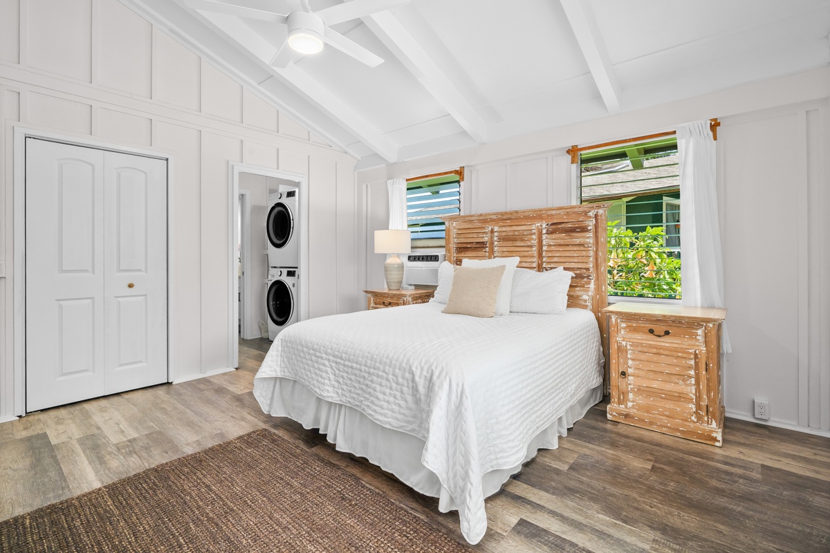 Hanalei Vacation Rentals, Hale Kanani (Kaua'i) TVNC 1342 - The stacked washer and dryer tuck into the closet just beside the bed.