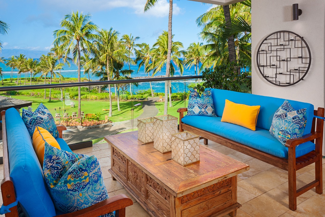 Kapalua Vacation Rentals, Ocean Dreams Villa 2203 at Montage Kapalua Bay* - Ocean Theme Artwork in Hallway with Richly Colored Wood Floors