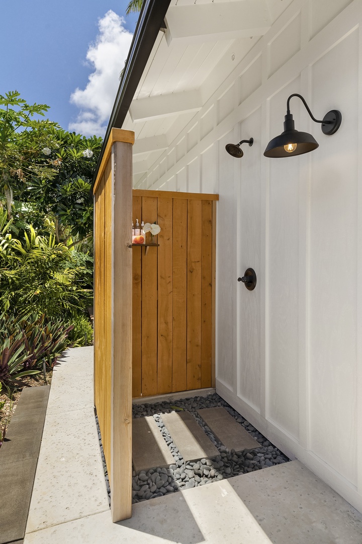 Kailua Vacation Rentals, Ranch Beach House - Tranquil outdoor shower, surrounded by lush greens.