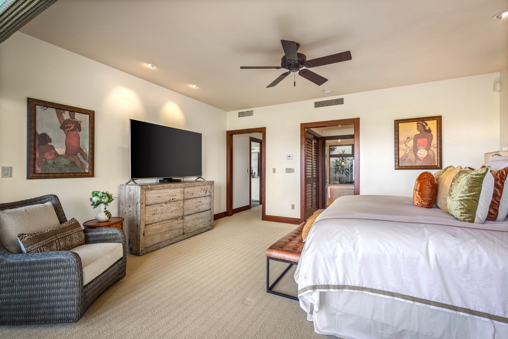 Kailua Kona Vacation Rentals, 3BD Hainoa Villa (2907C) at Four Seasons Resort at Hualalai - View of ocean view primary suite toward walk-in closet and en suite bath showcasing large flat screen TV.