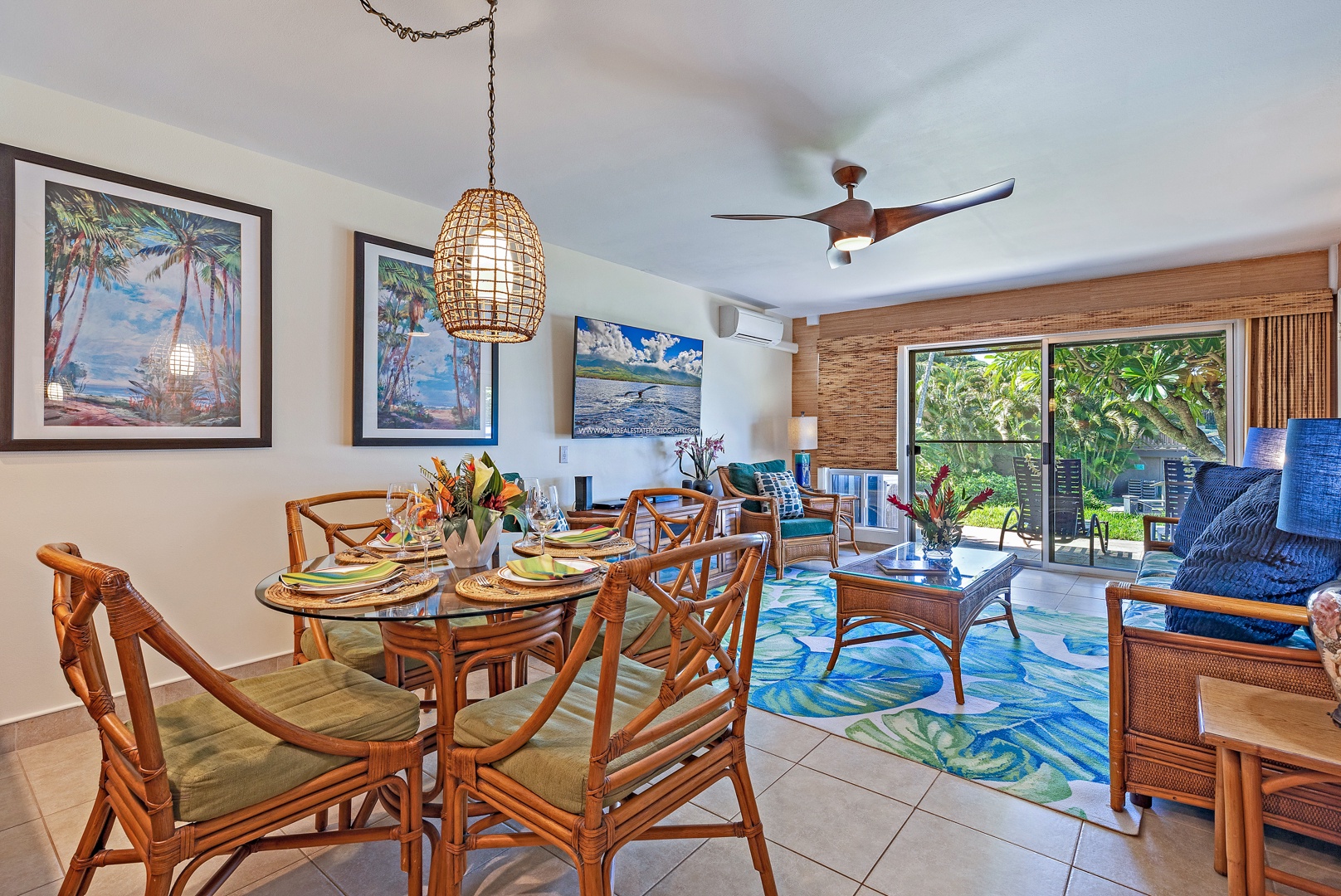 Lahaina Vacation Rentals, Kahana Sunset B4B - The open-concept dining and living area features tropical-inspired décor, comfortable seating, and access to the lanai with beautiful ocean views.