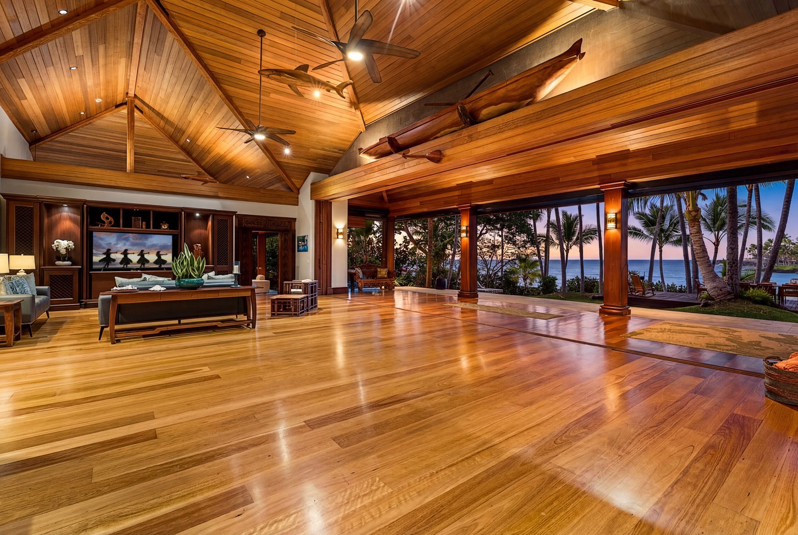 Kailua-Kona Vacation Rentals, Hahalua Bay Villa - Step into your spacious living sanctuary with soaring wooden ceilings and ocean views through floor-to-ceiling windows.