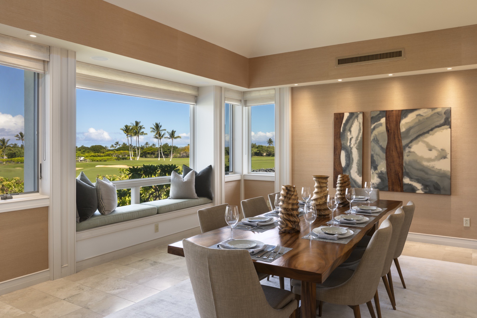 Kailua Kona Vacation Rentals, 3BD Palm Villa (130B) at Hualalai Resort - Stunning interior dining for eight, featuring a picture-perfect window seat, ideal for a book or a cat nap
